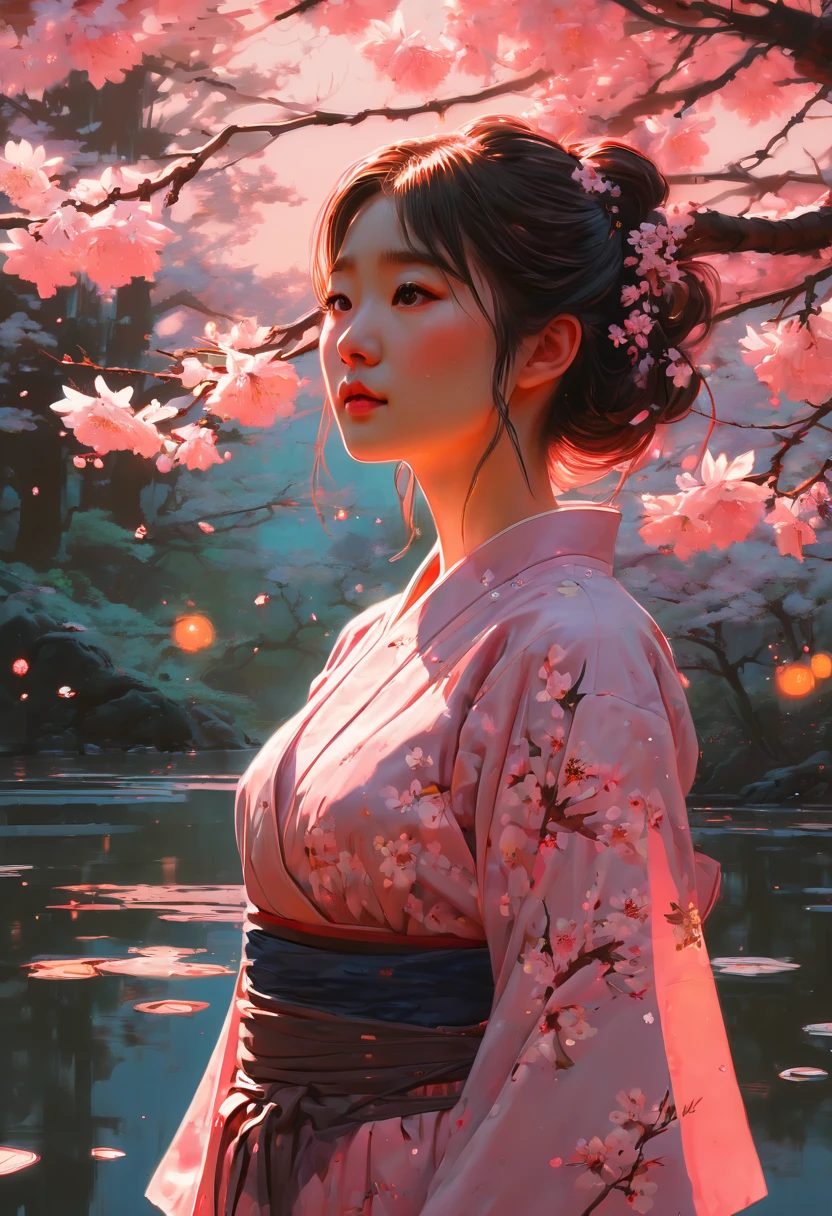 1girl, The Sakura Maiden, aesthetic, Incredible, detailed fluid gouache illustration of an enchanting, glowing sakura garden at sunset by renowned artists including Jeremy Mann and Winslow Homer. Features sharp focus, vivid colors, fireflies and a hyperrealistic galaxy. Concept art with 8k resolution.