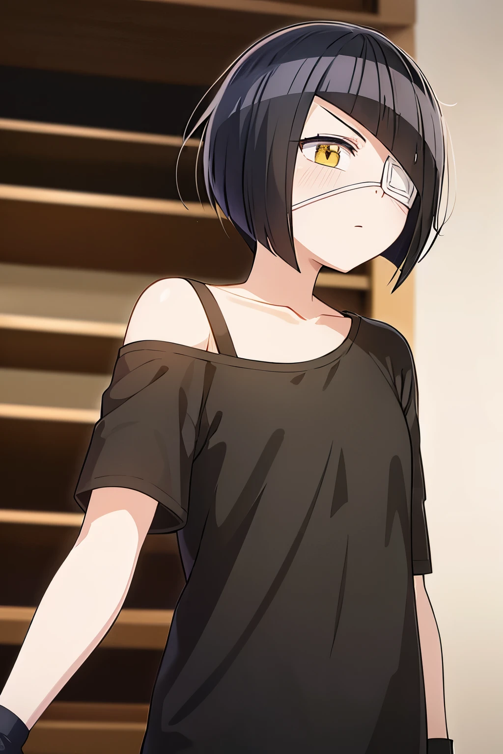 girl, nakanaka_omoharu, black hair, short hair, flat chest, golden eyes, white eye patch, casual outfit, black shirt, oversized shirt, off shoulder, fingerless gloves, black socks