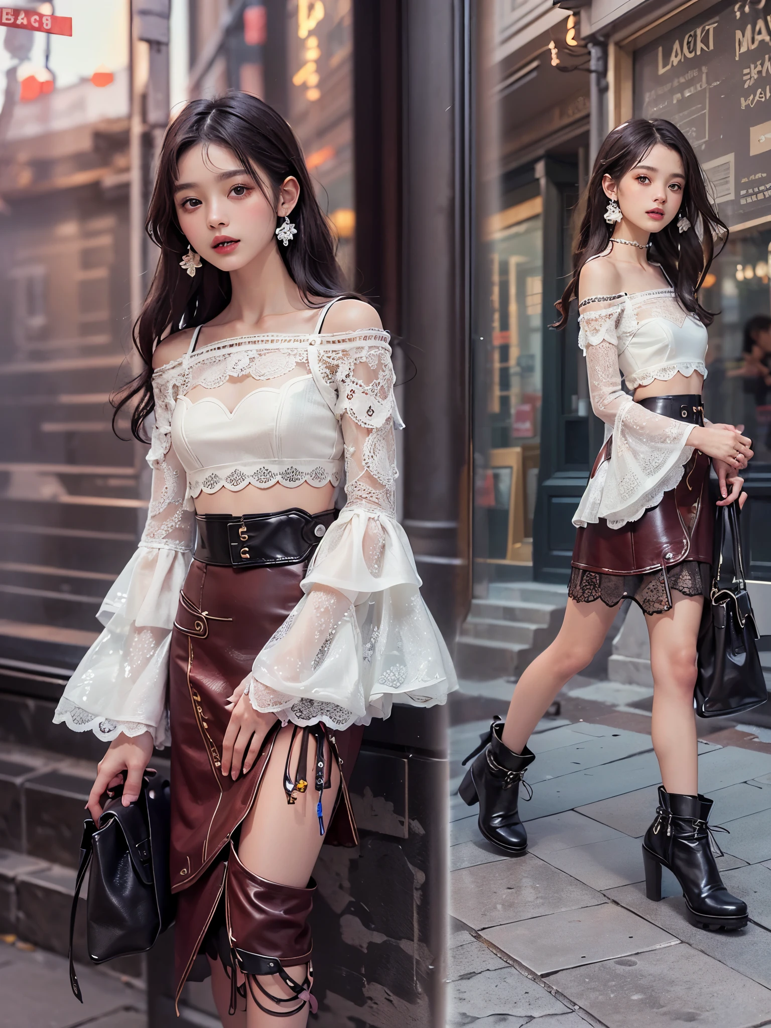 8k, RAW photo, top quality, masterpiece, realistic, photorealistic, clear, professional lighting, beautiful face, top quality, super high resolution.
         BREAK (whole body:1.5), (18 year old very beautiful Japanese girl:1.3)
  NSFW,

  Slender, very flat chested, very small breasts


  (The supermodel smiles confidently and strikes different poses in the photo shoot,:1.4)

  (A very stylish cafe terrace that is magically lit up at night:1.3)

  (Black theme:1.4)
  BREAK (Multi-layer bell sleeve crop top with scalloped trim, :1.4), ((off-shoulder, bare belly):1.3), (crochet lace embellishment.:1.2)
      BREAK latex, glossy, liquid, rubber, BREAK (turtleneck:1.2), (Multi-layer bell sleeve crop top with scalloped trim, :1.4), ((off-shoulder, bare belly):1.3), (crochet lace embellishment.:1.2) (black A-line leather long maxi skirt:1.4),
  (Crochet lace and leather patchwork:1.5),
  (Separate leather dress with intricate triangular silhouette and crochet lace decoration:1.5),
  (lace patchwork, :1.4)