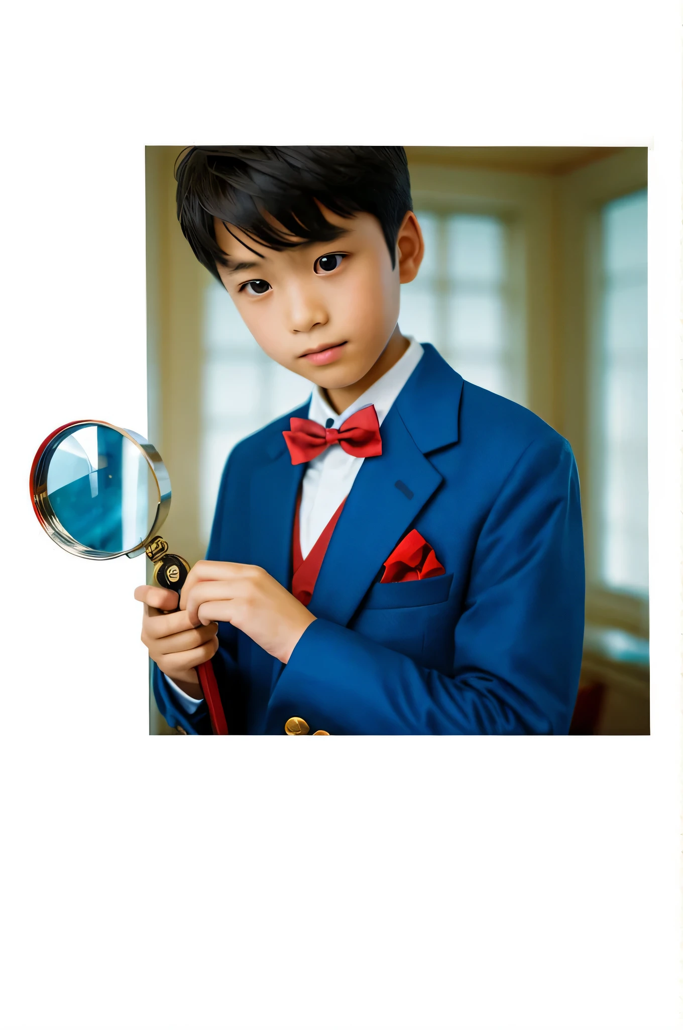 a boy in a blue jacket and red bow tie holding a magnifying glass, shinichi kudo