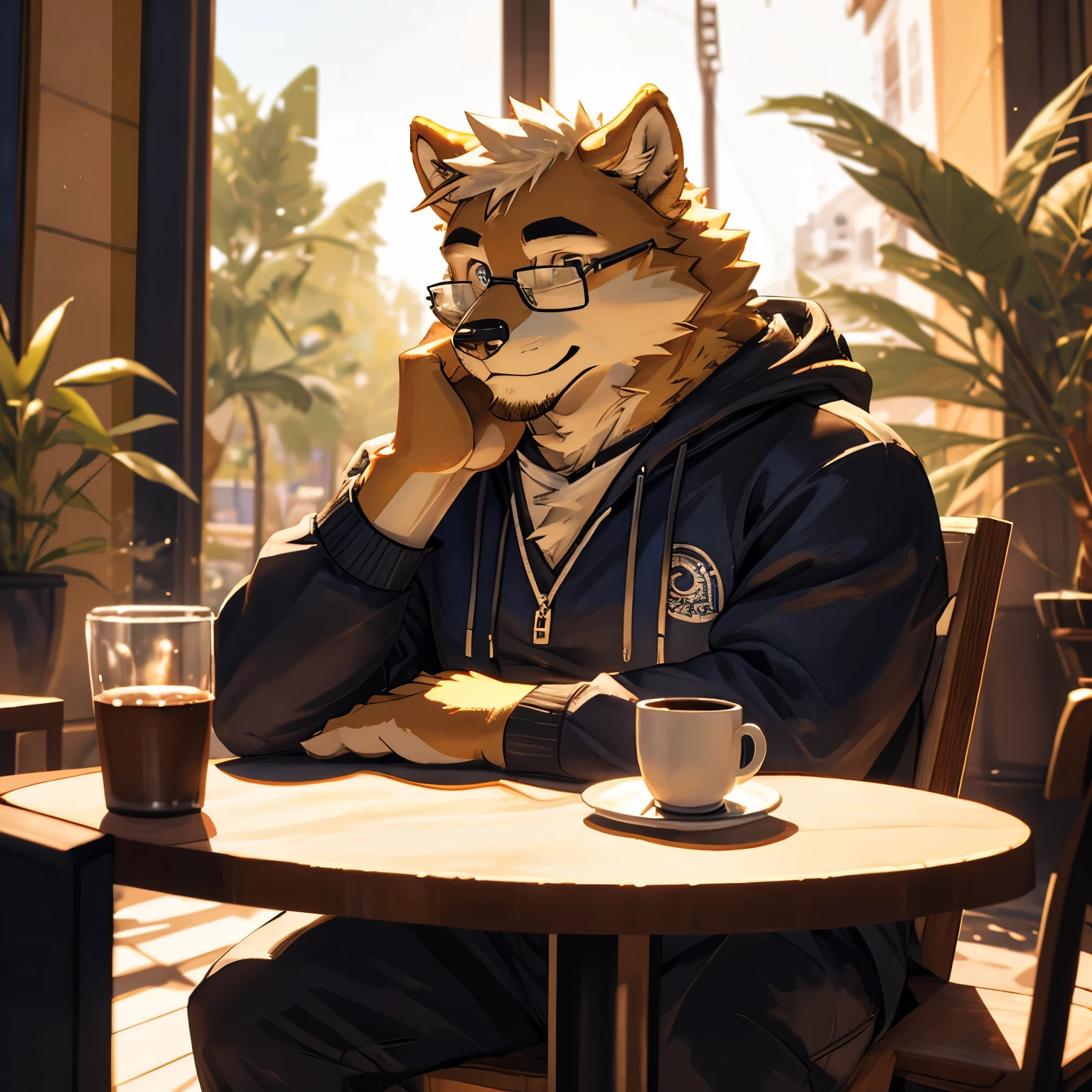 A sunny afternoon at a coffee shop, featuring a humanoid Chow Chow creature, who is a male university professor with glasses. He has a combination of golden and pure white fur, with blue and white eyes. He is sitting on a chair with one hand resting on the table and the other hand supporting his chin. He is wearing a hoodie, showing a youthful style. The professor is 25 years old and he gazes confidently towards the camera. (best quality,4k,8k,highres,masterpiece:1.2), ultra-detailed, (realistic,photorealistic,photo-realistic:1.37), HDR, vivid colors, studio lighting.