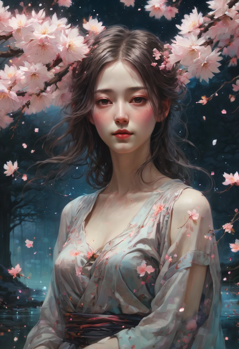 1girl, The Sakura Maiden, aesthetic, Incredible, detailed fluid gouache illustration of an enchanting, glowing sakura garden at sunset by renowned artists including Jeremy Mann and Winslow Homer. Features sharp focus, vivid colors, fireflies and a hyperrealistic galaxy. Concept art with 8k resolution.