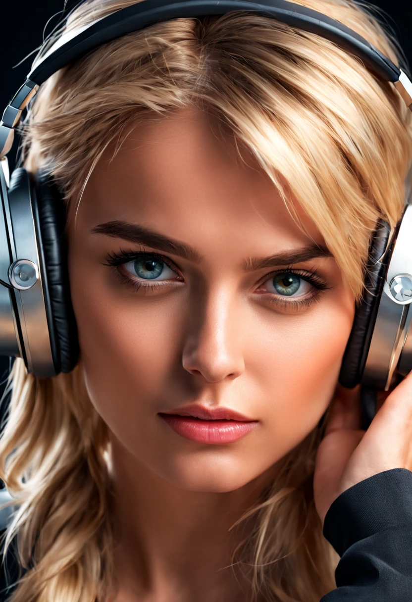 high detail portrait of a beautiful blond woman wearing huge oversized headphones, looking down at the G-Shock watch on her wrist, high detail face, perfect eyes, realistic, digital painting, vibrant colours, dynamic shading, masterpiece, 4k, uhd