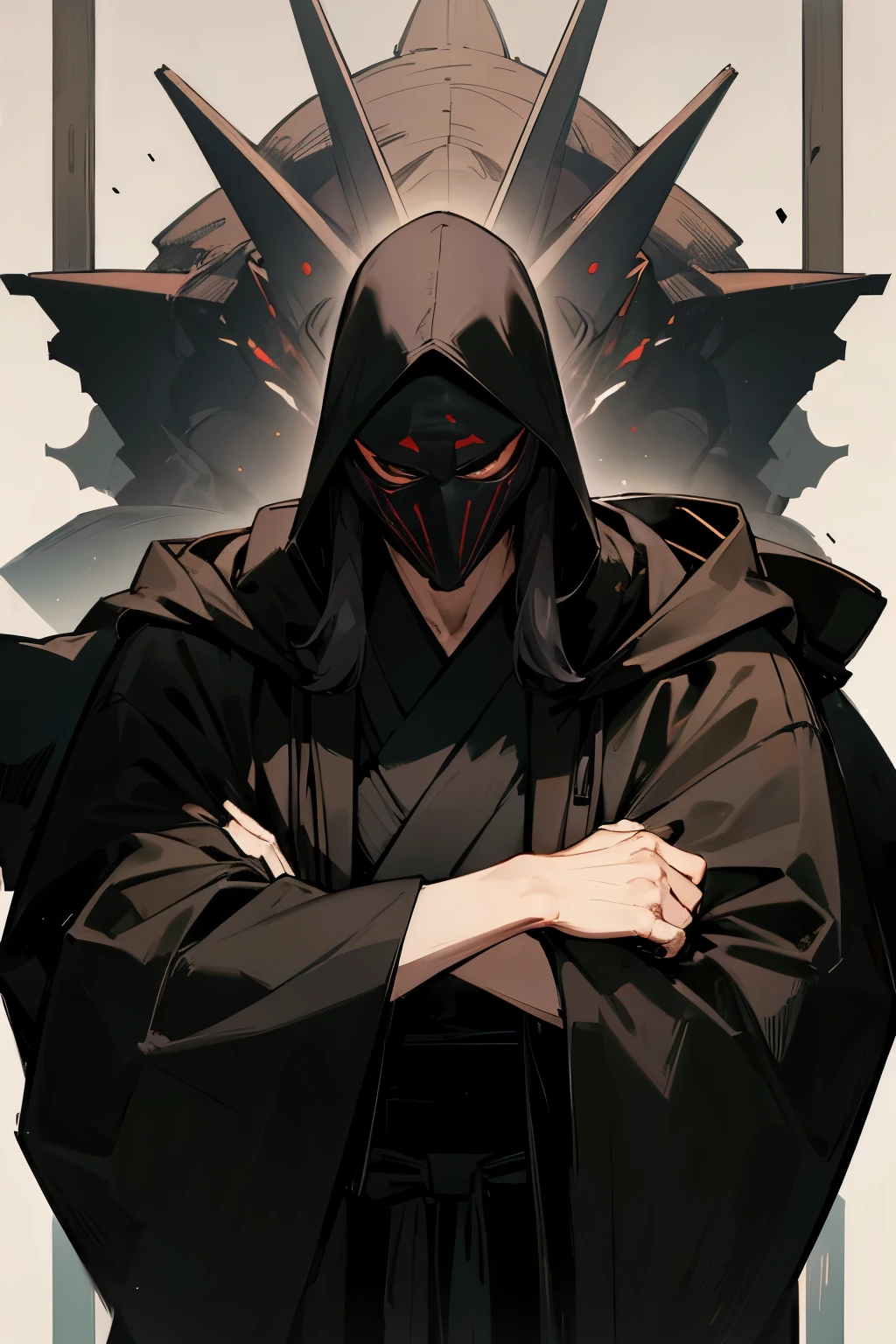 uncle,strong man,tall,black robe,hood,short black hair,The mask covers the entire face,Upper body
