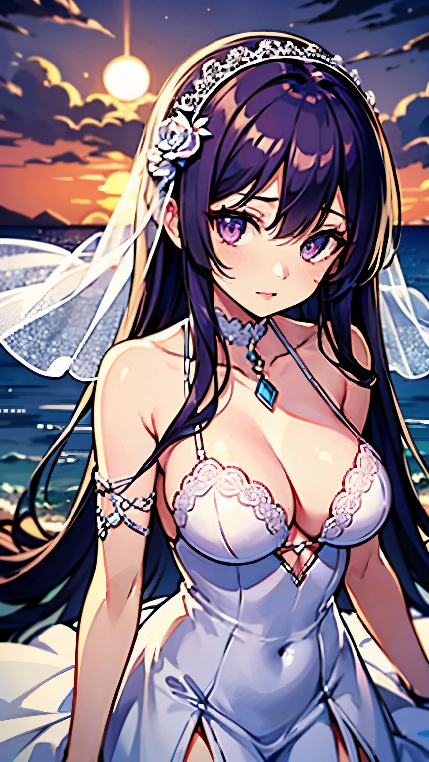 beach,seaside,Sunset,long purple hair,purple eyes,Wedding dress