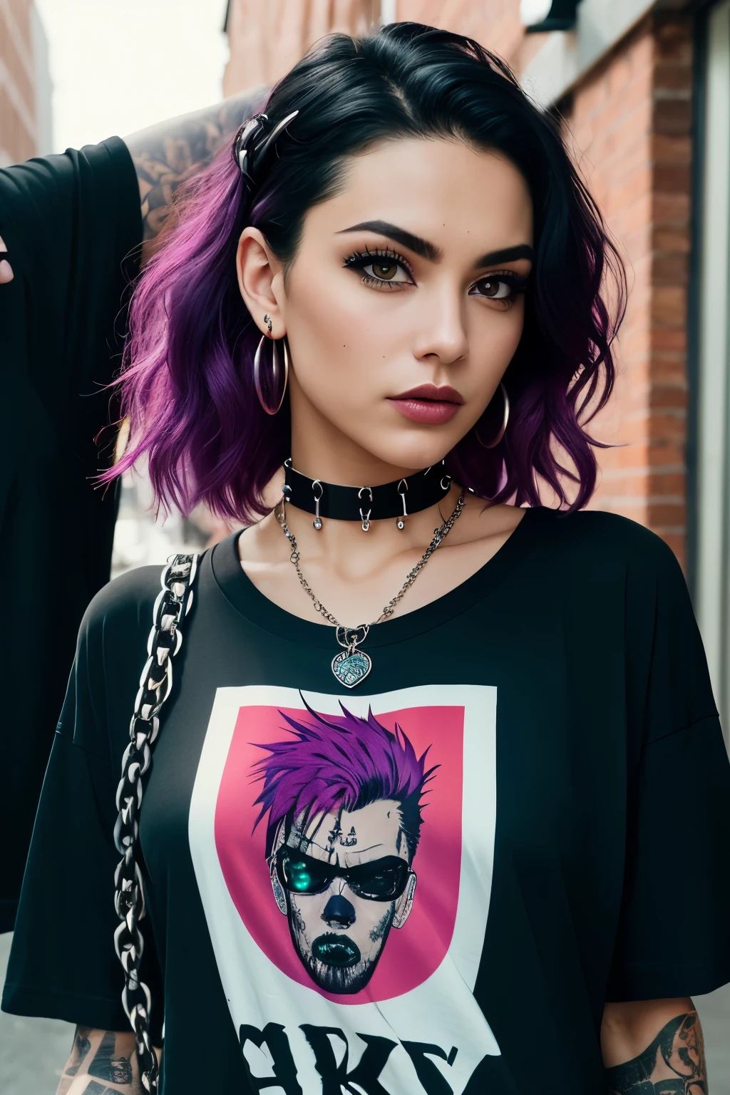 ((Mejor calidad)), ((Obra maestra)), (detallado),((frontal portrait)), looking to the camera, cara perfecta, ((((SEXY)))), ((femenine)),purple hair, beautiful angry late teen latin urban punk girl with tattoos taking a selfie, ((((dressed only with a very oversized sexy man torn tee shirt and tiny stilished punk garments)))), ((big choker)), spike bracelet, (punk jewelry)