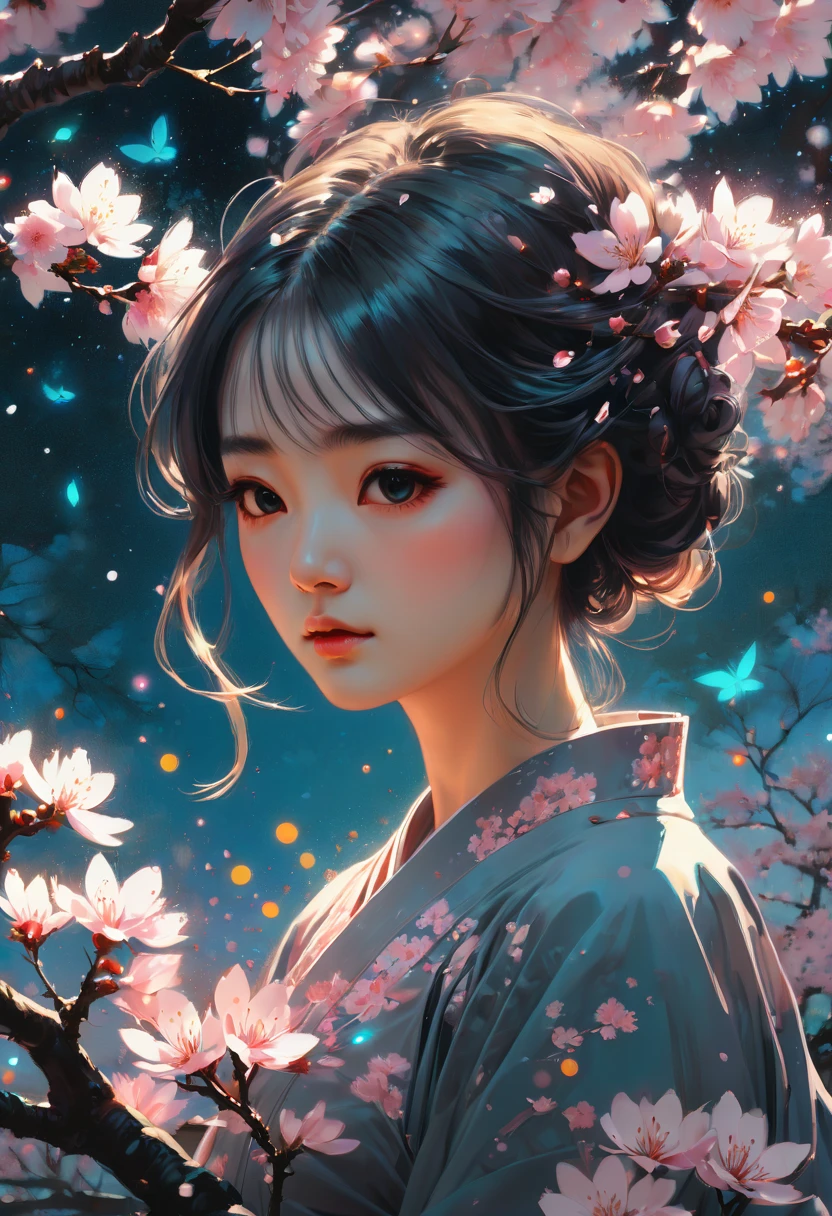 1girl, The Sakura Maiden, aesthetic, Incredible, detailed fluid gouache illustration of an enchanting, glowing sakura garden at sunset by renowned artists including Jeremy Mann and Winslow Homer. Features sharp focus, vivid colors, fireflies and a hyperrealistic galaxy. Concept art with 8k resolution.