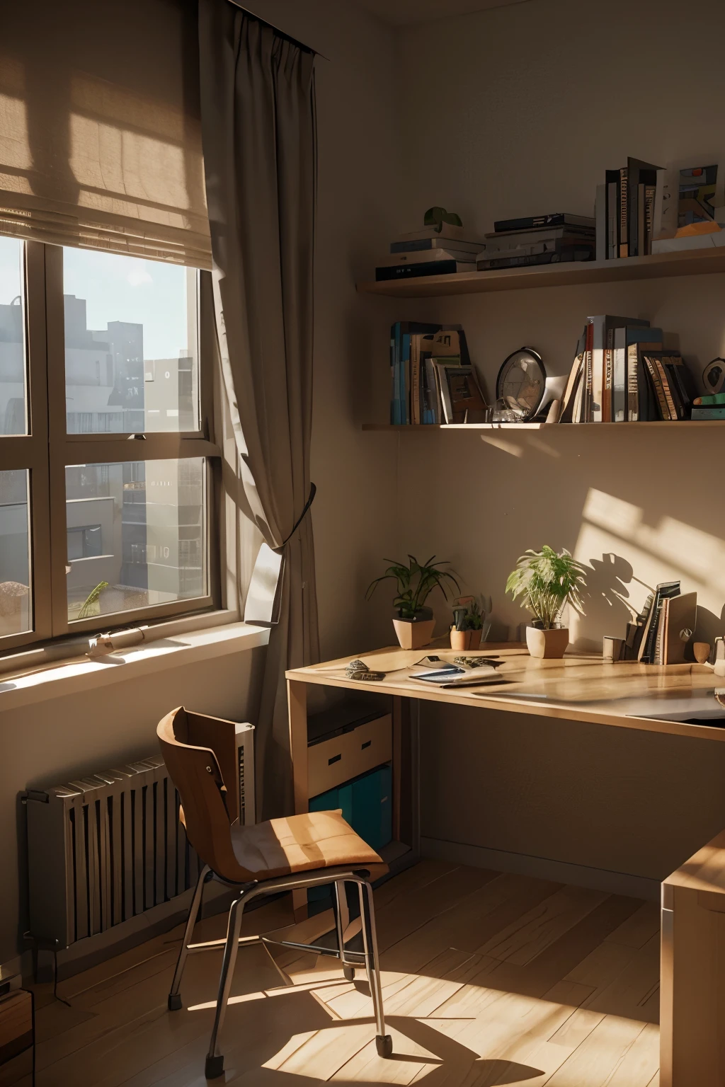 Cubic cutout of isometric programmer bedroom with gaming pc, window, plants, bookshelves, desk, 3D art, muted colors, Soft lighting, High detail, concept art, behance, ray tracing