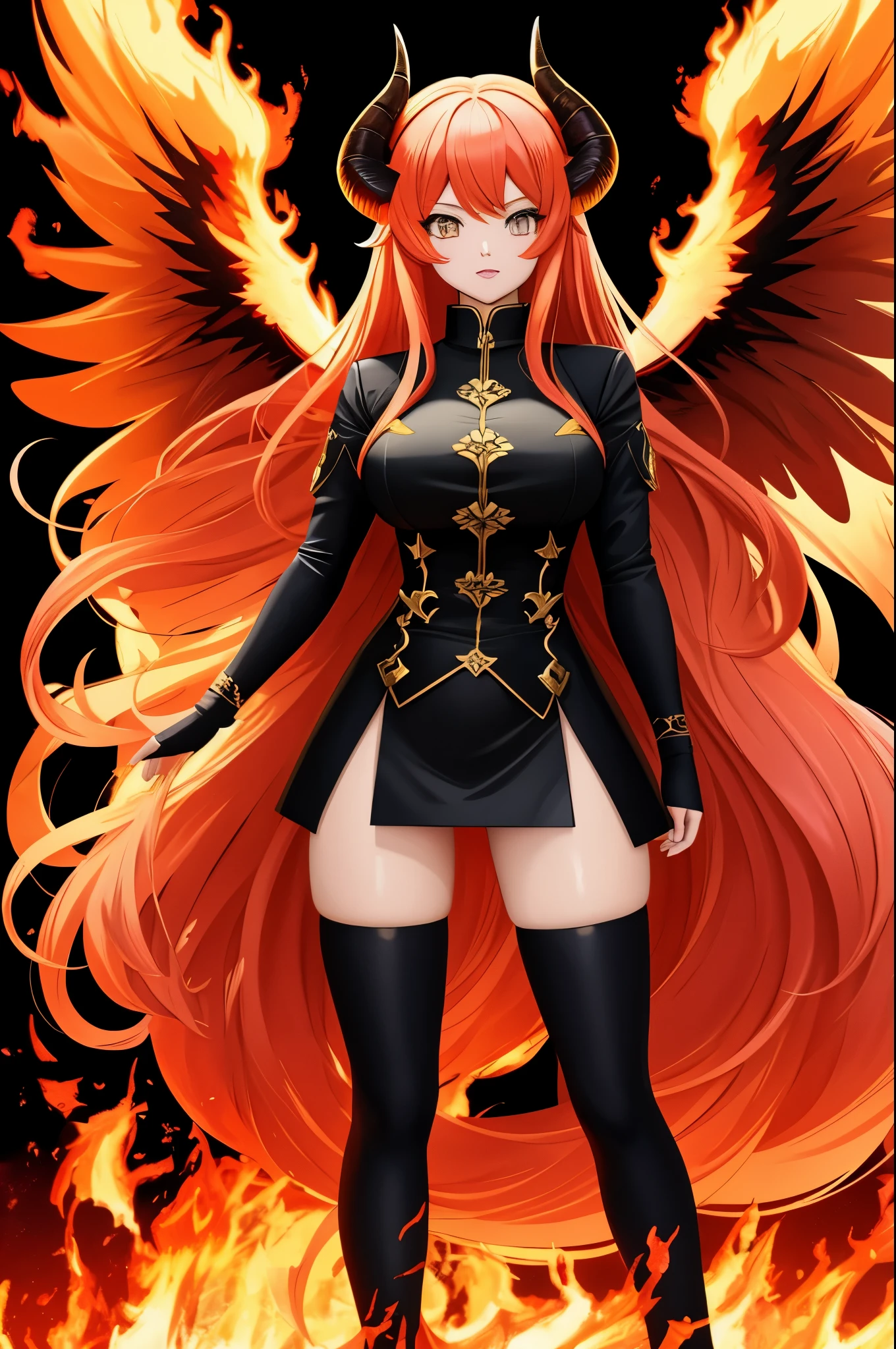 illustration, manga style, solid manga colors, wide angle, hyper detailed, full-length body shot: astonishling gorgeous fallen angel girl, wearing clothes of fire, long burning hair, horns, dominant standing posture, profound menacing dark eyes, giant wing, epic perfect female proportions, chaotic background