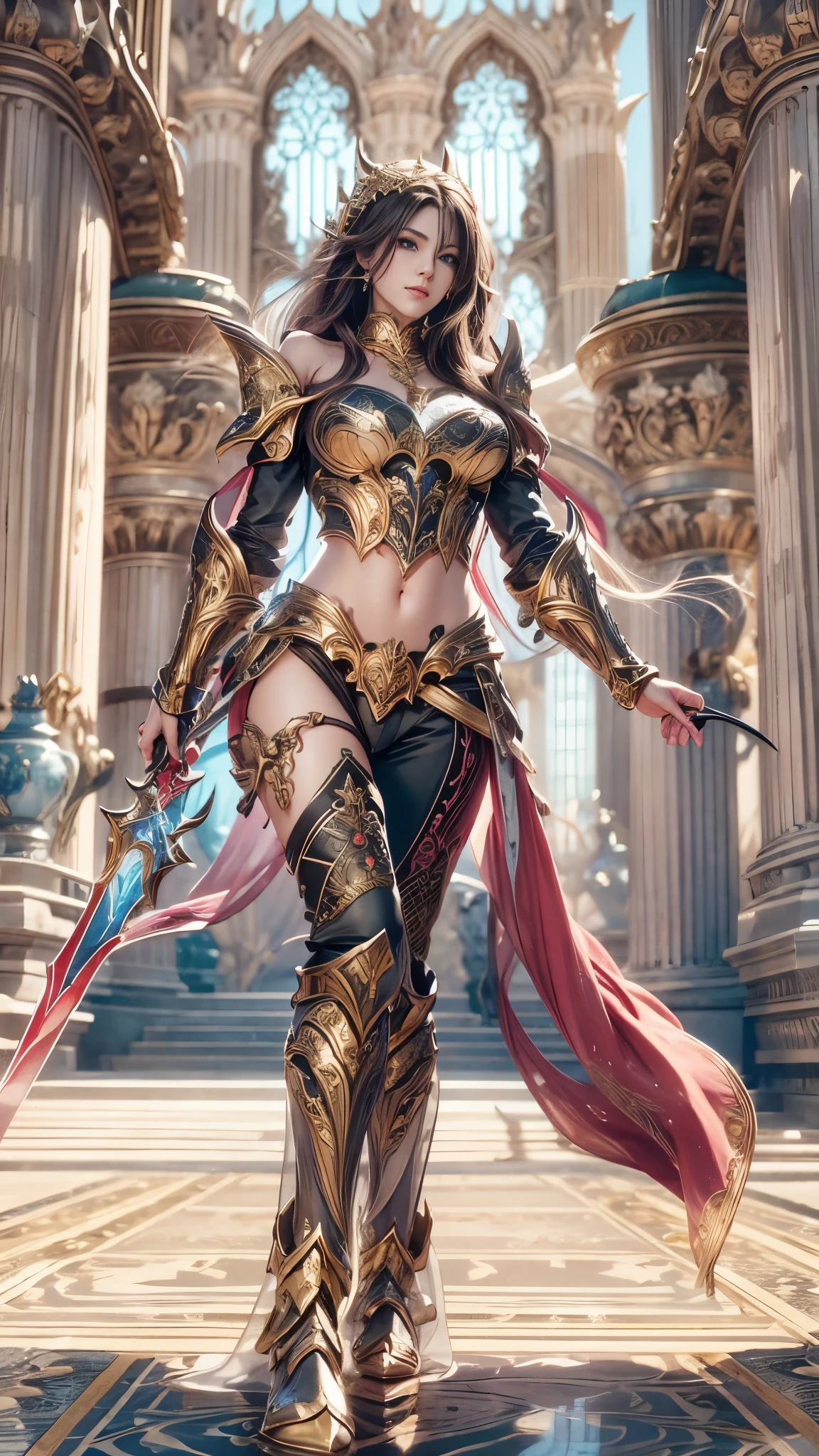 (RAW shooting:1.5, Photoreal:1.5, 8k, highest quality, masterpiece, ultra high resolution), medieval europe, world of magic and swords, perfect dynamic composition:1.2, Mysterious:1.3, Highly detailed skin and facial textures:1.3, cute and sexy slim female warrior, beautiful and aesthetic, cute and sexy beauty, perfect style:1.1, wear elaborate rings, Pose of stabbing a large sword into the ground:1.2, fire, water, Wind, thunder, ice, Fair skin, very beautiful face, (Medium chest, Chest gap), (embarrassing smile, The expression on your face when you feel intense caress, Facial expression when feeling pleasure), (sexy gold metallic armor:1.1, off shoulder, Navel exposed), (beautiful blue eyes, Eyes that feel beautiful eros:0.8), (Too erotic:0.9, Bewitching:0.9), full body shot, Ancient castle in the background