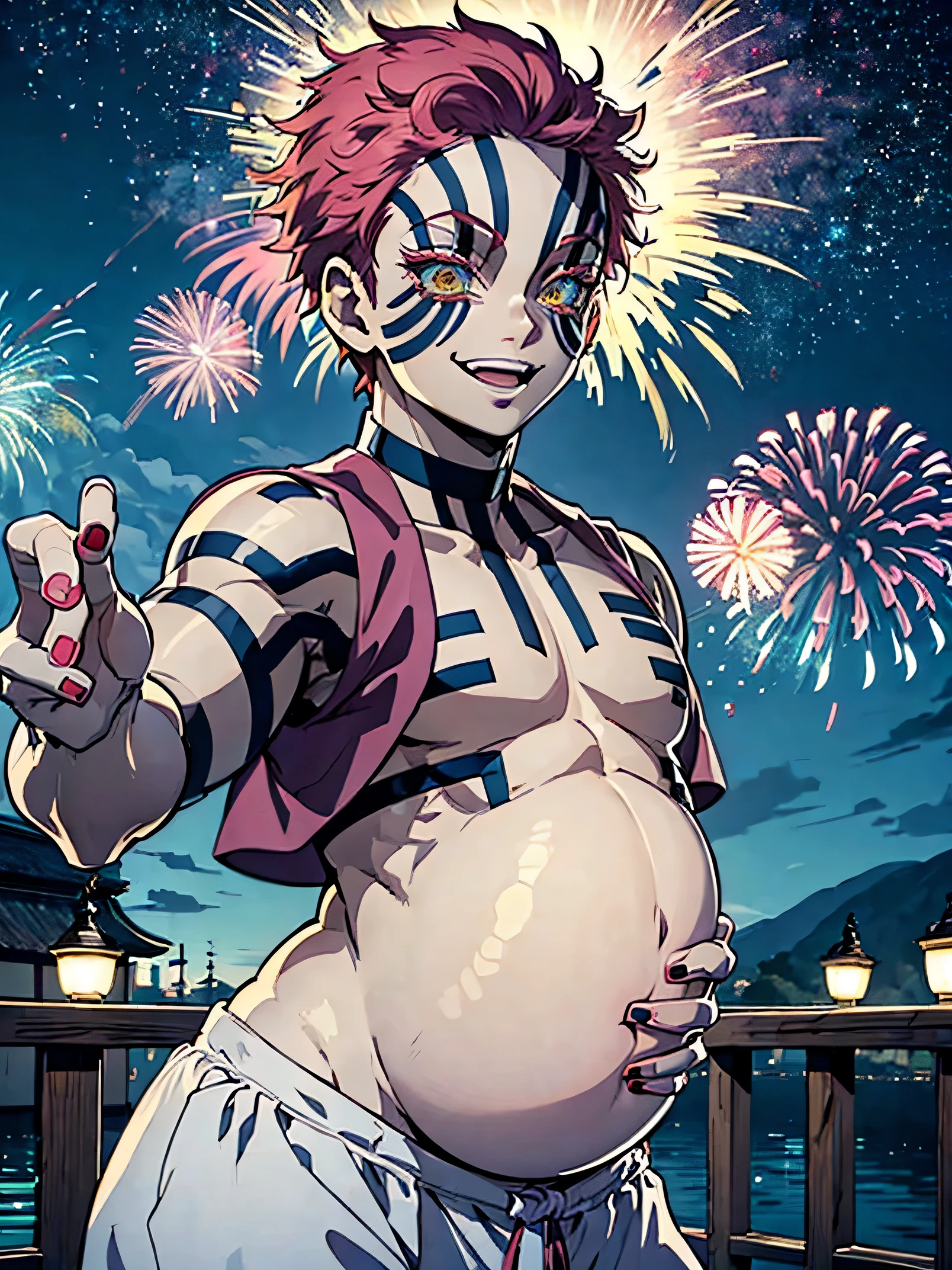 (masterpiece, best quality:1.2), kimetsu no yaiba style, akaza, (1boy, solo:1.1), 20years old, upper body, line tattoo on face and body, (pregnant:1.1), pregnant belly,rounded belly,looks pregnant,smile, (looking at viewer,Hugging her pregnant stomach), oriental old style wooden bridge, fireworks on the night sky