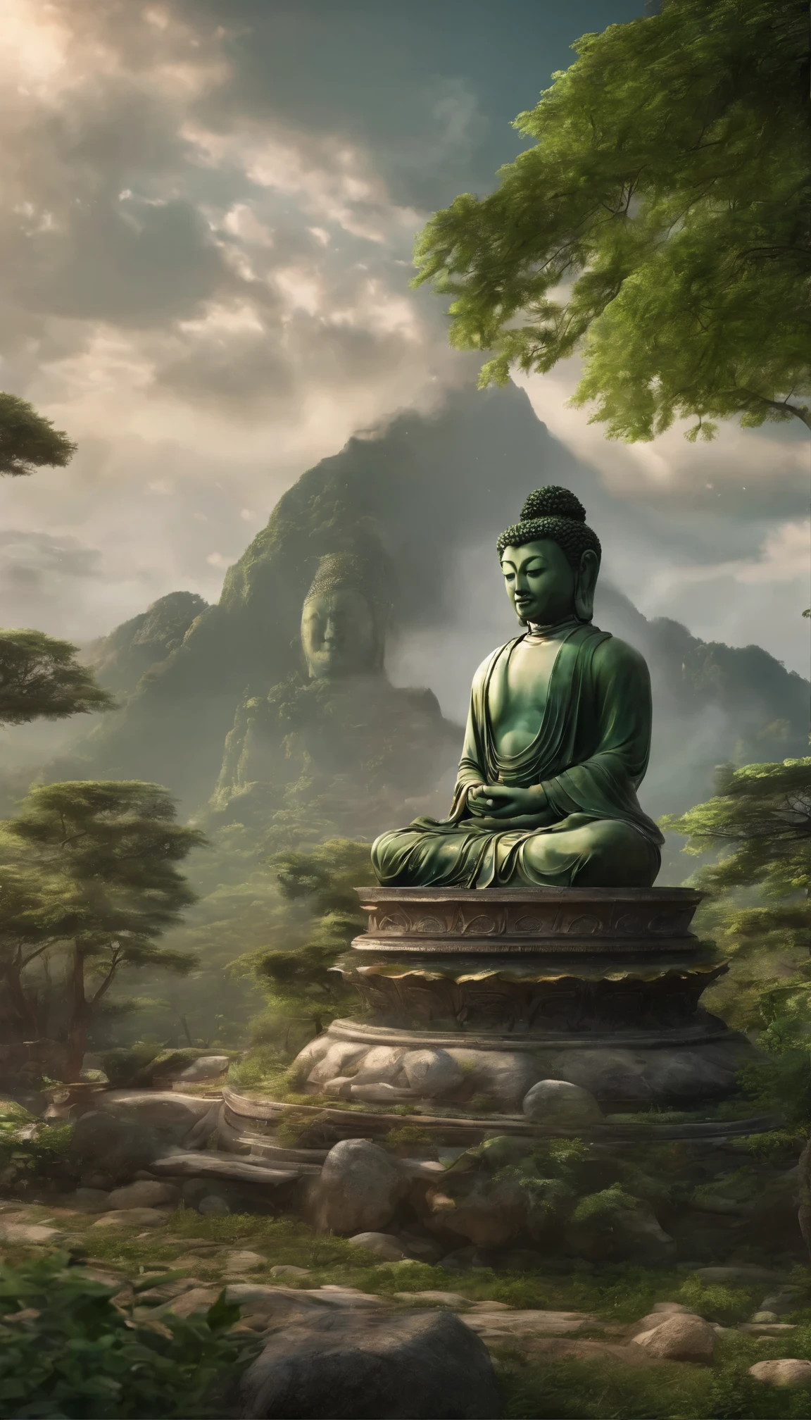 View of Arafad with a large green Buddha statue on the mountain, 3D rendering and matte, amazing Exquisite matte painting, Matte of the human soul, Guan yin, Exquisite matte painting, Beautiful rendering of the Tang Dynasty, 4K matte painting, Luxurious matte painting, High quality matte spray paint, Beautiful matte painting, avatar scenery, Highly detailed and hyper-realistic visuals