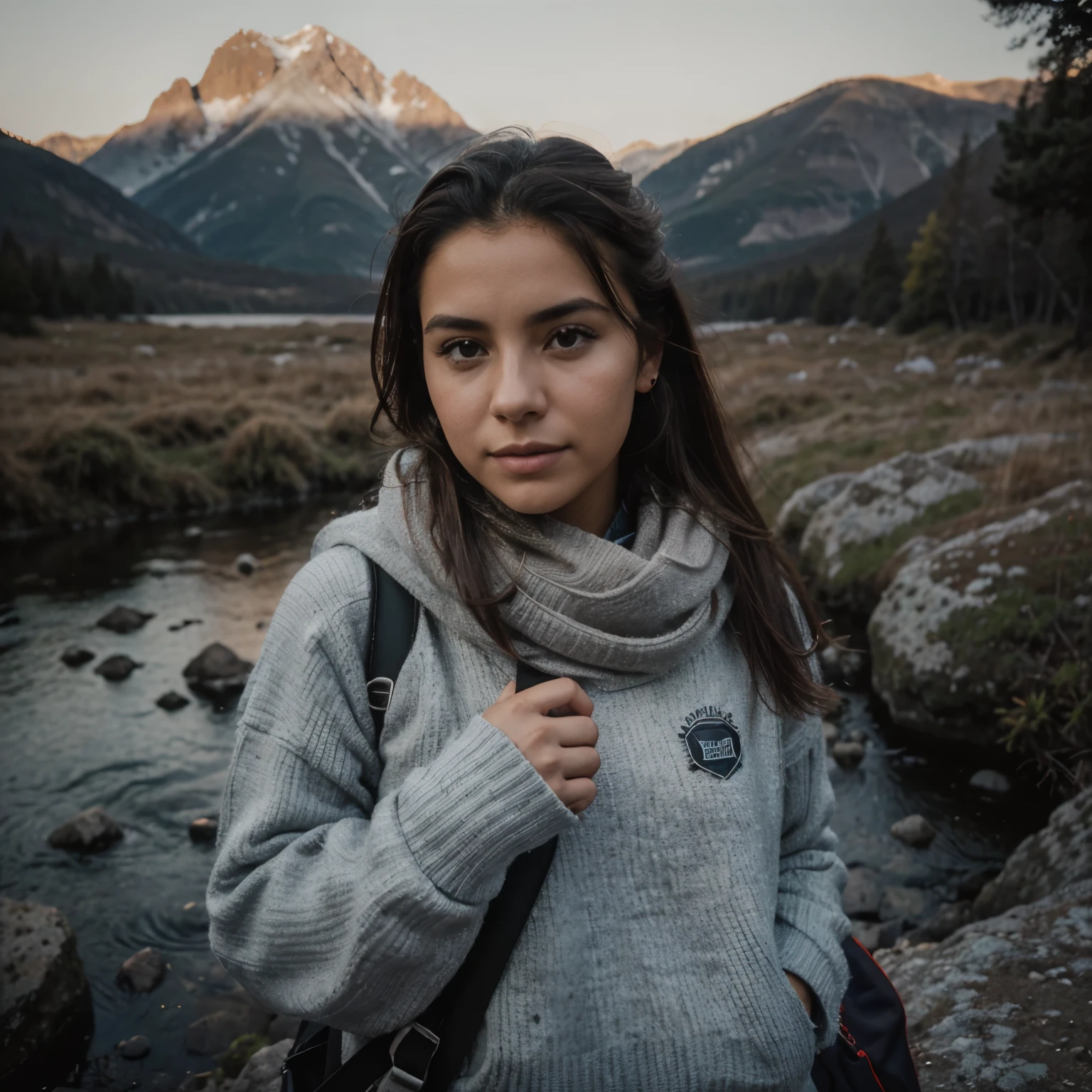 1 femme((selfie du haut du corps, heureux)), chef-d'artwork, best quality, Ultra-detailed, Seulement, en plein air, (nuit), montagnes, nature, (stars, lune) joyeux, heureux, backpack, sac de couchage, stove, bouteille d'eau, bottes de montagne, gants, pull-over, a, lampe de poche, forest, rochers, river, bois, smoke, ombres, contraste, Ciel clair, style analogique (regarde le spectateur:1.2) (Texture de la peau) (Grain du film:1.3), (teinte chaude, ton chaud)