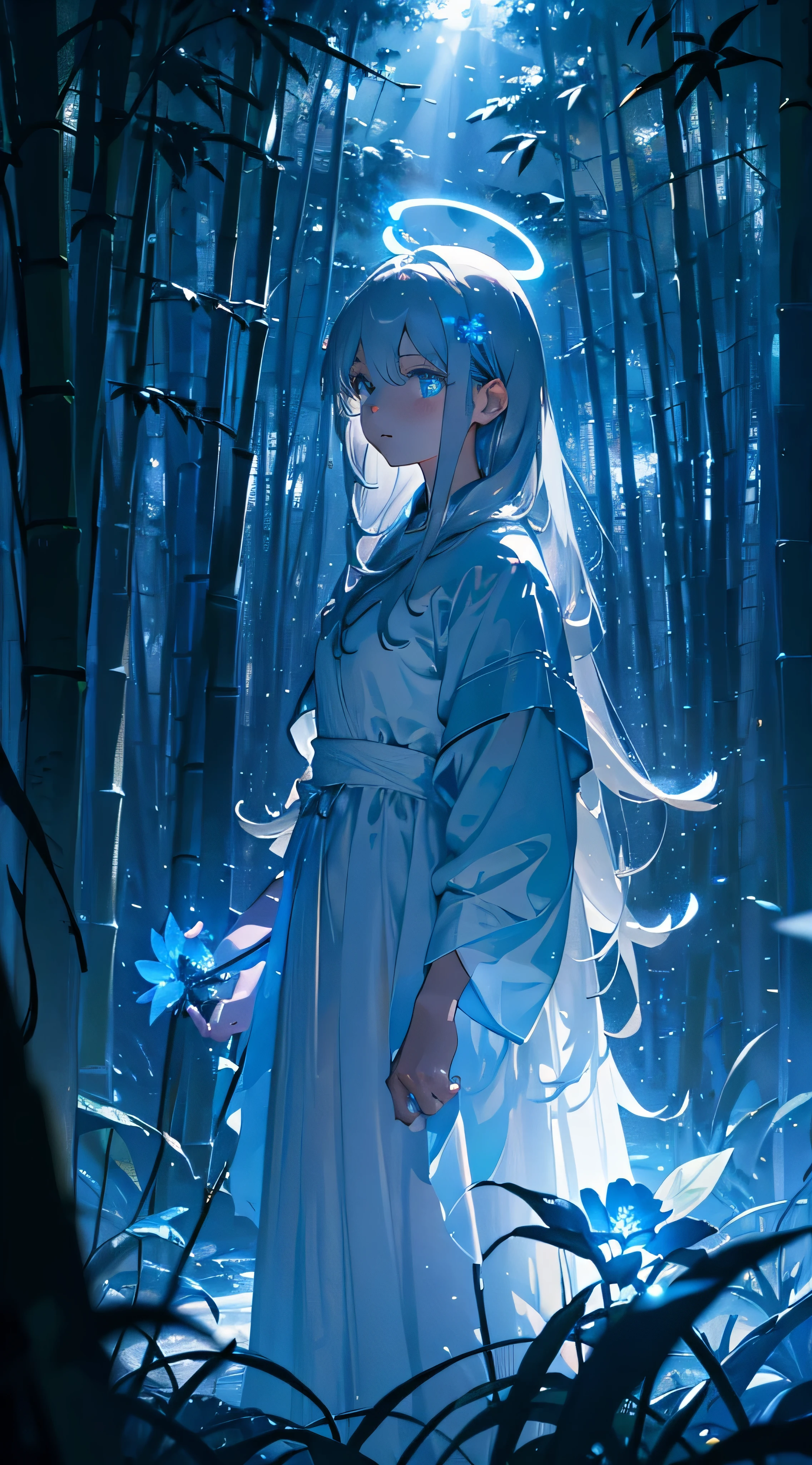 Masterpiece, dark theme, maximum quality, maximum detail, ultra detail eyes, professional coloring, cinematic lightning, bamboo forest, depth of field, backlighting, 1girl, medium breast, young girl, grey hair, long hair, glowing halo, light ring, blue flower hair ornament, glowing blue ocean, wearing white dress
