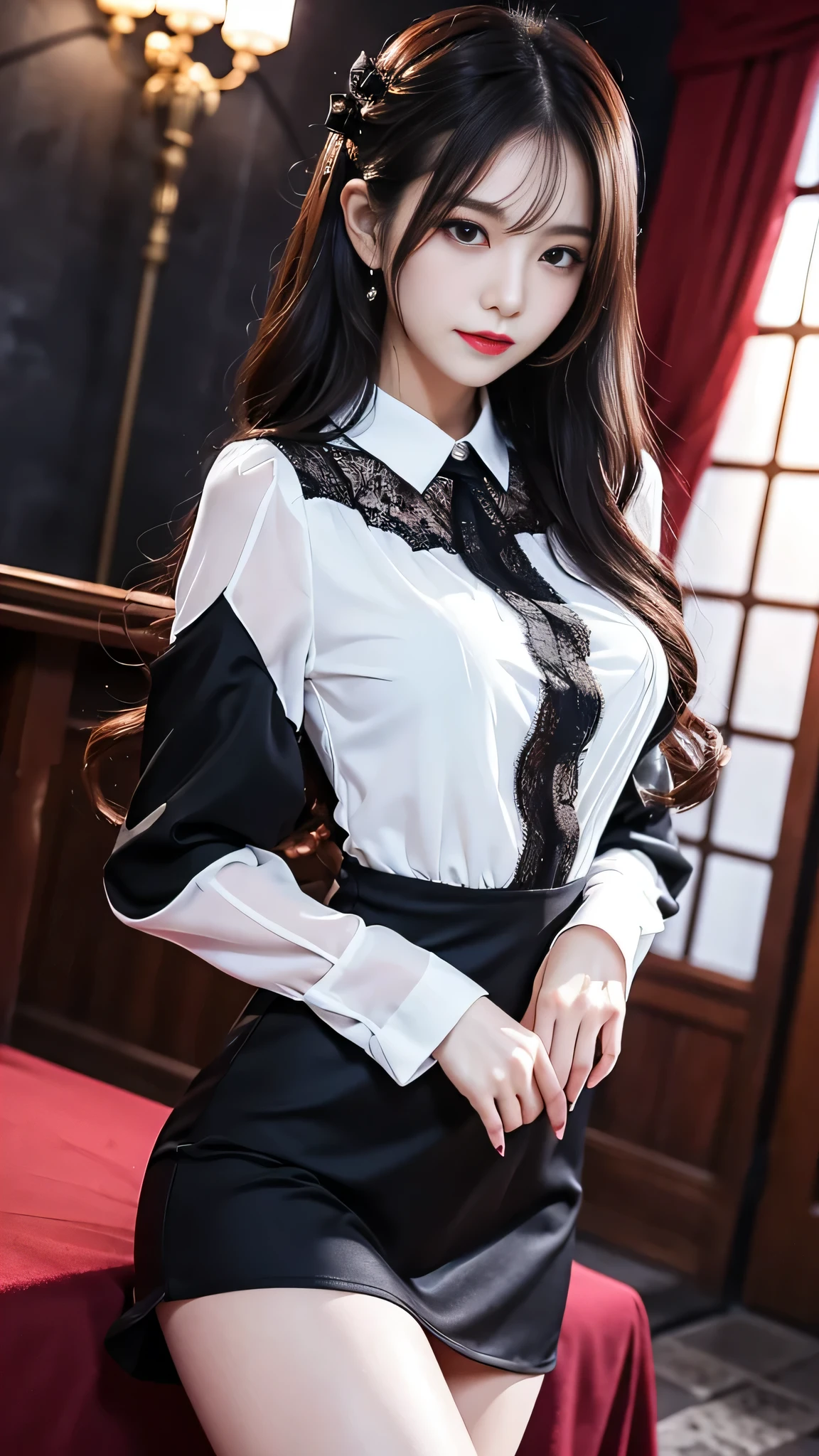 Super detailed、Japanese、charming beauty、seductive adult woman、Beautiful woman、sharp eyes、cool girl、wavy hair、suit、Black chiffon、lace fabric、wide sleeve、wearing a lace insert dress、white blouse、Tight Skirt、Lustrous legs、evilの幹部、evil depravity、brainwashing、Mind control、lipstick、grin、evilな表情、evil、empty eyes、evil、church at night、vampire、evil woman、witch、Succubus、