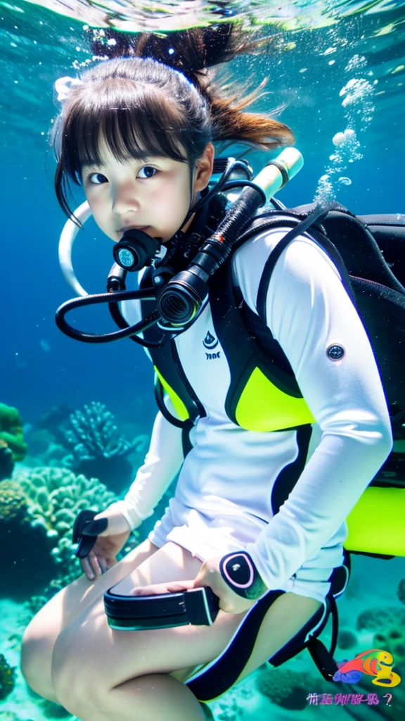 scuba diving,  Japanese girl breathes from tank to regulator., pure white wet suit, colorful tail., masterpiece, Accurate, highest quality, High resolution