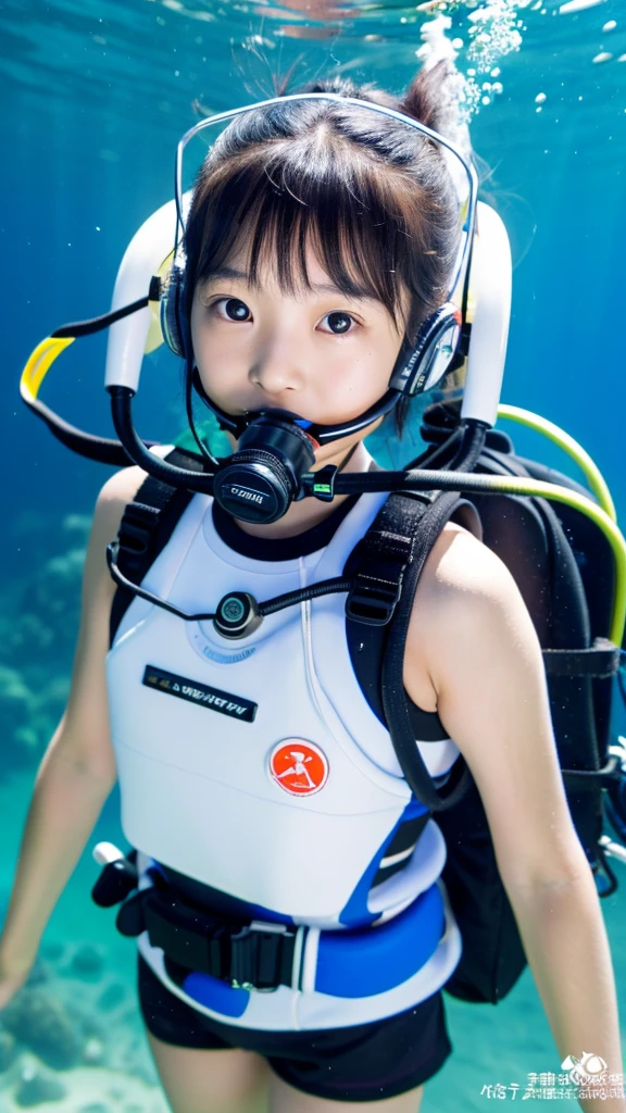 scuba diving, 10 year old Japanese girl breathes from tank to regulator., pure white wet suit, colorful tail., masterpiece, Accurate, highest quality, High resolution