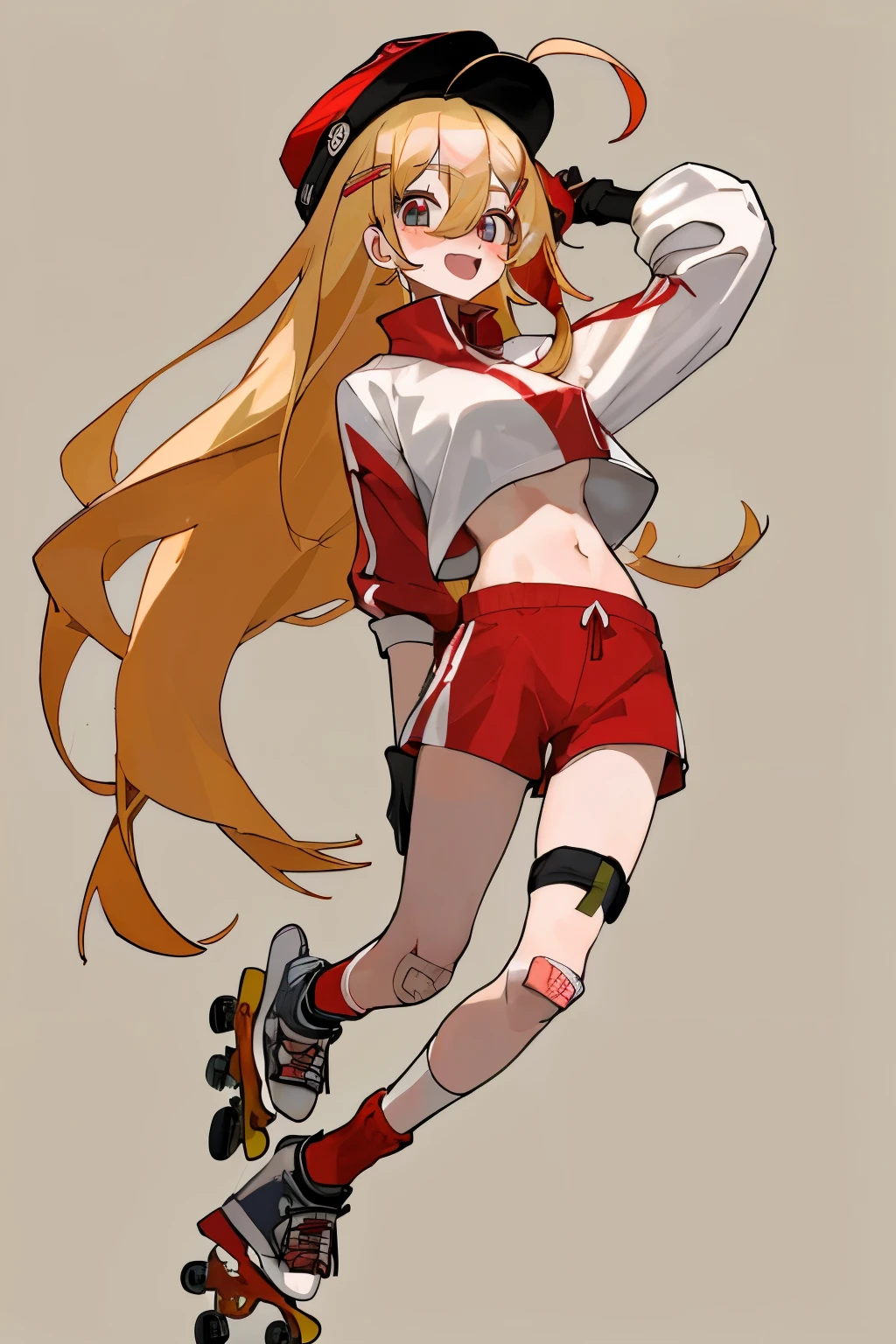 1girl, skates, roller_skates, long_hair, red_eyes, solo, shorts, bandaid, open_mouth, crop_top, red_shorts, two_side_up, red_headwear, midriff, looking_at_viewer, bandaid_on_leg, hand_on_headwear, shirt, socks, hair_between_eyes, long_sleeves, hair_ornament, blonde_hair, very_long_hair, hat, blush, red_socks, full_body, sportswear, short_shorts, navel, white_shirt, gloves, breasts, arm_up, ahoge, hairclip, bangs