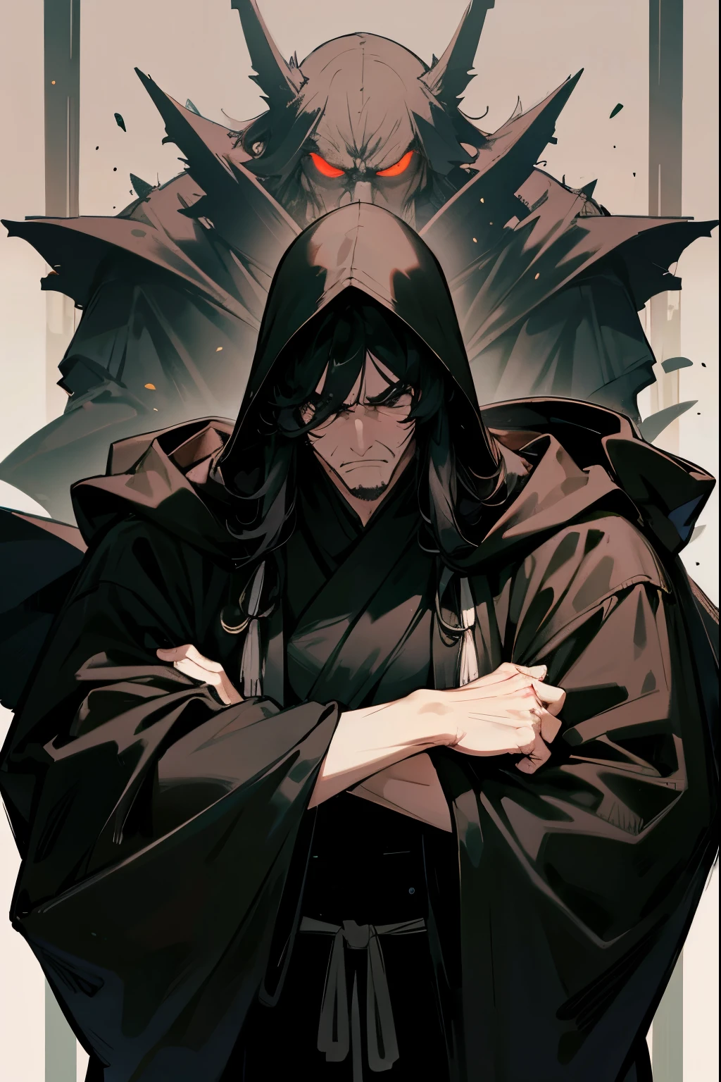 uncle,strong man,tall,black robe,hood,long black hair,serious,Upper body