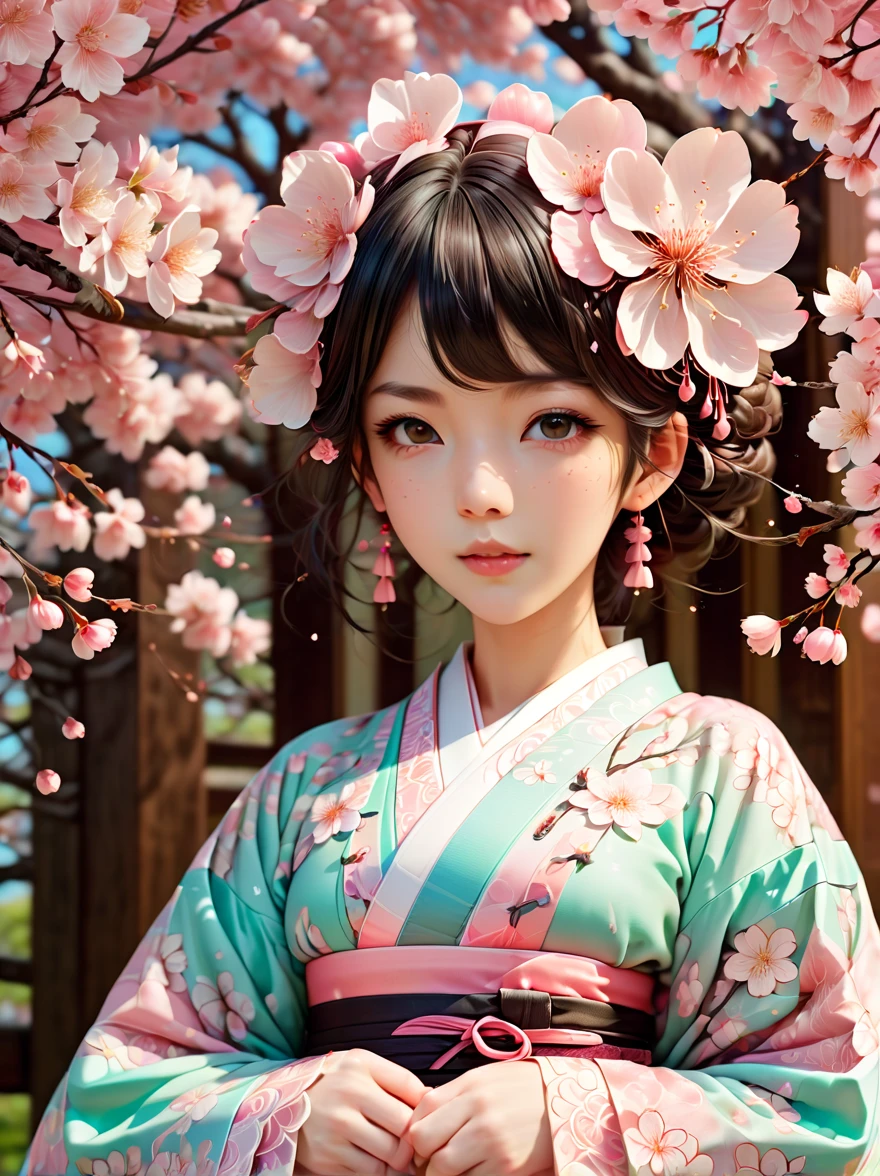 Sakura Maiden,Sakura petals fell gently around her。She has flowing cherry blossom hair,Quiet and sweet expression,Wearing a dress with a cherry blossom pattern, black,ta costume,crystal shoes,pastel color palette,The ethereal beauty of blooming cherry blossoms。Rich details,Intricate patterns that accentuate the kimono、The delicate texture of the petals and the subtle emotions conveyed by the expression of the Sakura girl,(cowboy shot, UHD, masterpiece, ccurate, anatomically correct, textured skin, super detail, high details, high quality, 8k)