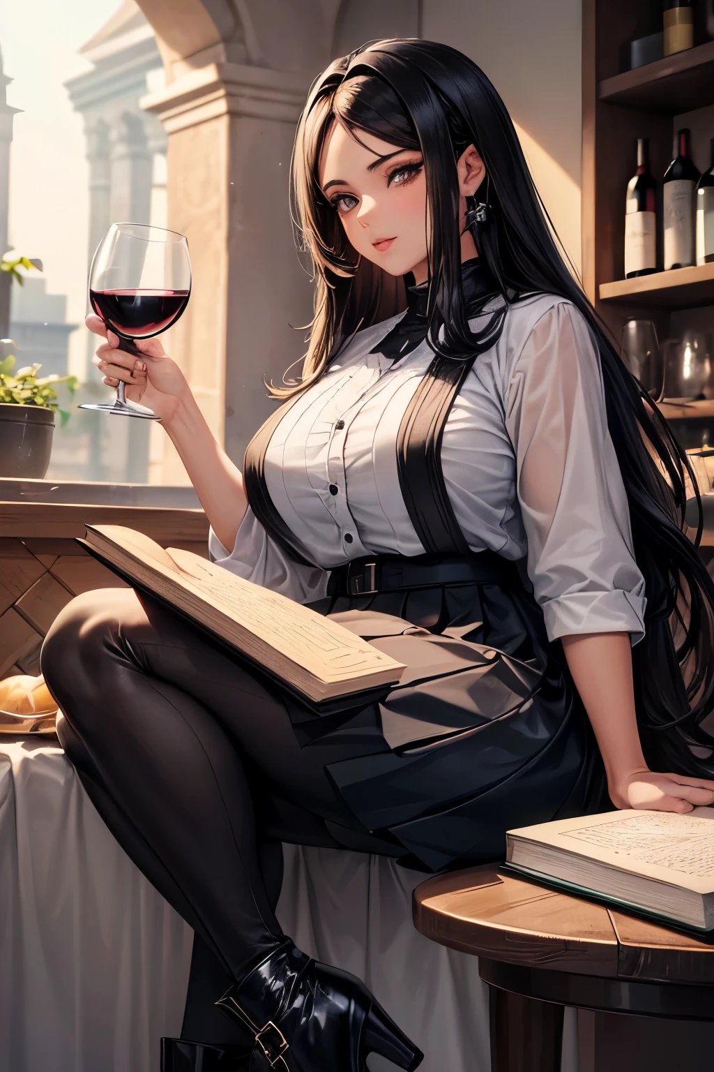 (masterpiece) Mulher ((cabelo negro preso em um cabo de cavalo alto, modelo plus size, olhos castalhos brilhantes, olhos detalhados, labios vermelhos)) vestindo (( top em couro preto e vermelho, black leggings and pleated skirt, bota de cano alto com salto, holding a book in one hand and a glass of wine in the other)) ambiente, sentada numa poltrona