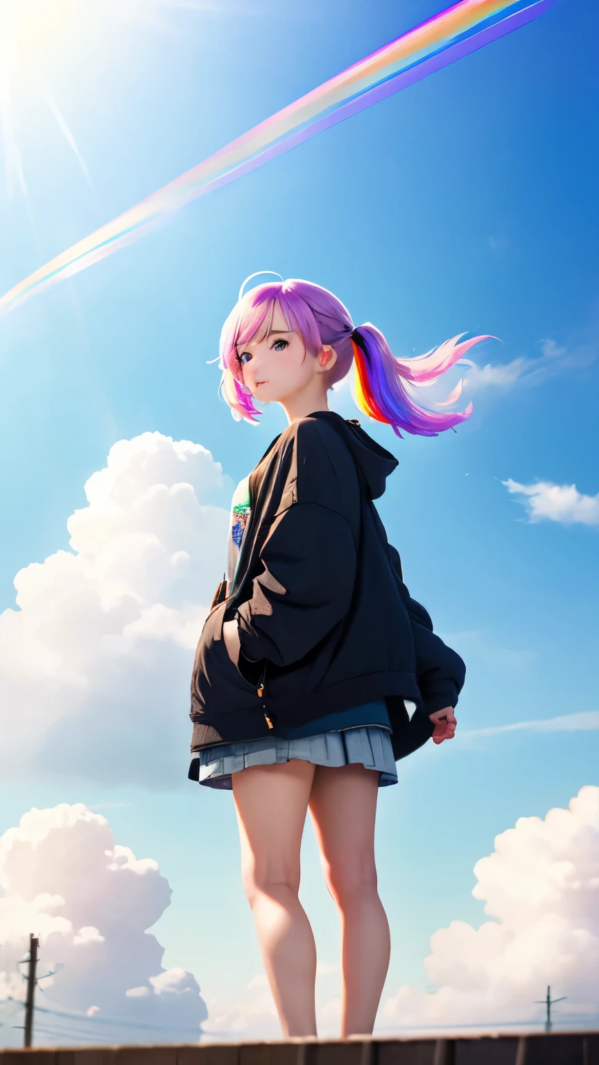 (((floating in the sky:1.2、one girl、stand on the clouds)))、Pastel clouds、perfect anatomy、small face、small nose、plump lips、twin tails、rainbow colored hair、Messy clothes、disheveled clothes、unreasonable、fly in the sky、(((背景はPastel clouds:1.5、rainbow、blurred background)))、highest quality、High resolution、High resolution、cinematic lighting、professional photographer
