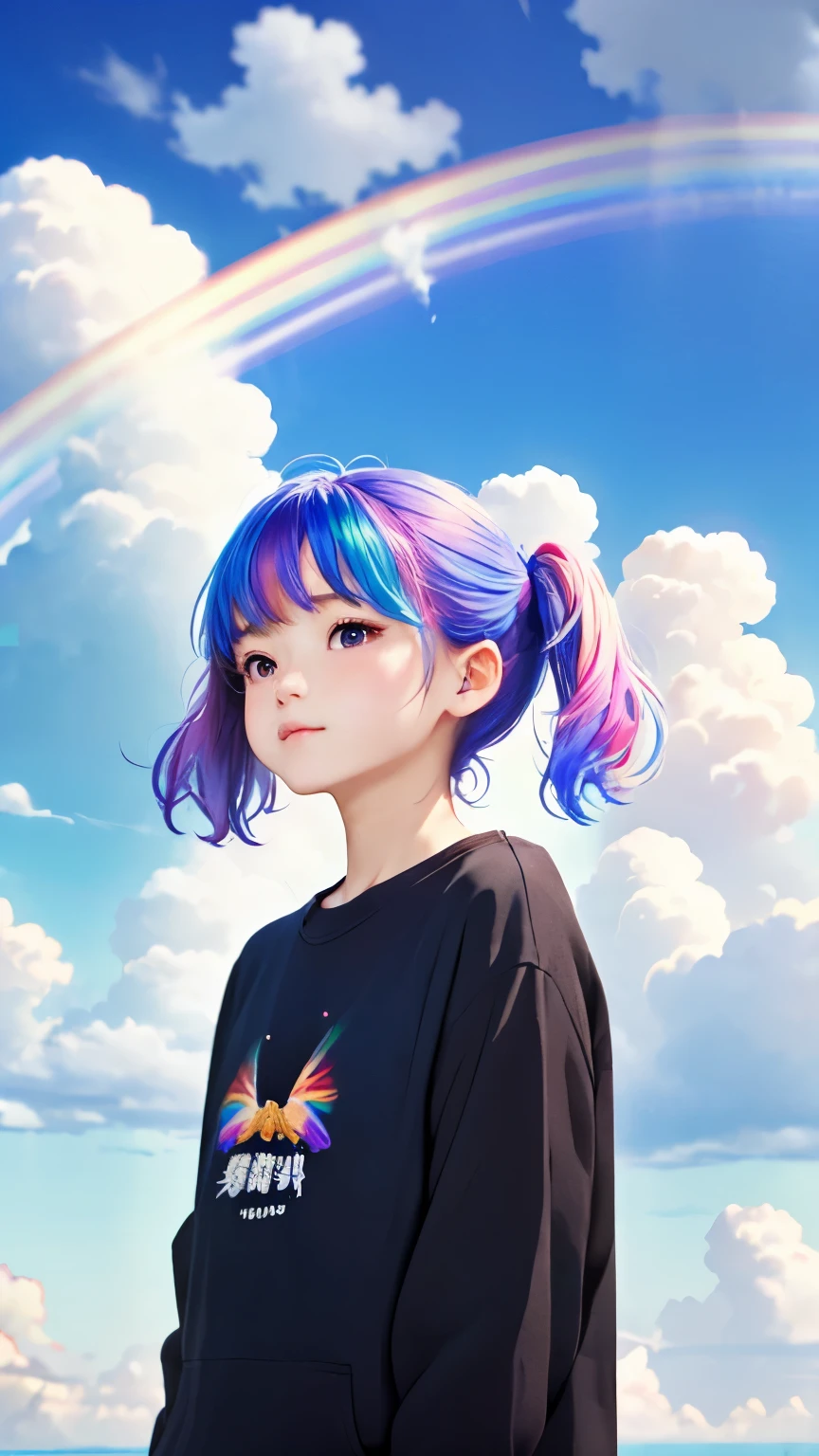 (((floating in the sky:1.2、one girl、stand on the clouds)))、Pastel clouds、perfect anatomy、small face、small nose、plump lips、twin tails、rainbow colored hair、Messy clothes、disheveled clothes、unreasonable、fly in the sky、(((背景はPastel clouds:1.5、rainbow、blurred background)))、highest quality、High resolution、High resolution、cinematic lighting、professional photographer