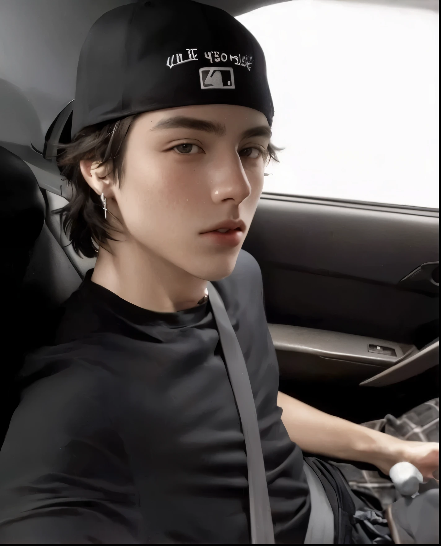 sharp man in a car with a baseball cap, tommy 1 6 anos, ele tem cerca de 2 0 anos, ele tem cerca de 20 anos, he is wearing a hat, Timótee Chalamet, 18 anos de idade, cool appearance, 1 6 anos, rosto perfeito e menino, wears a destroyed hat kpop boy, Korean face jungkook, Korean male face, Korean boy 