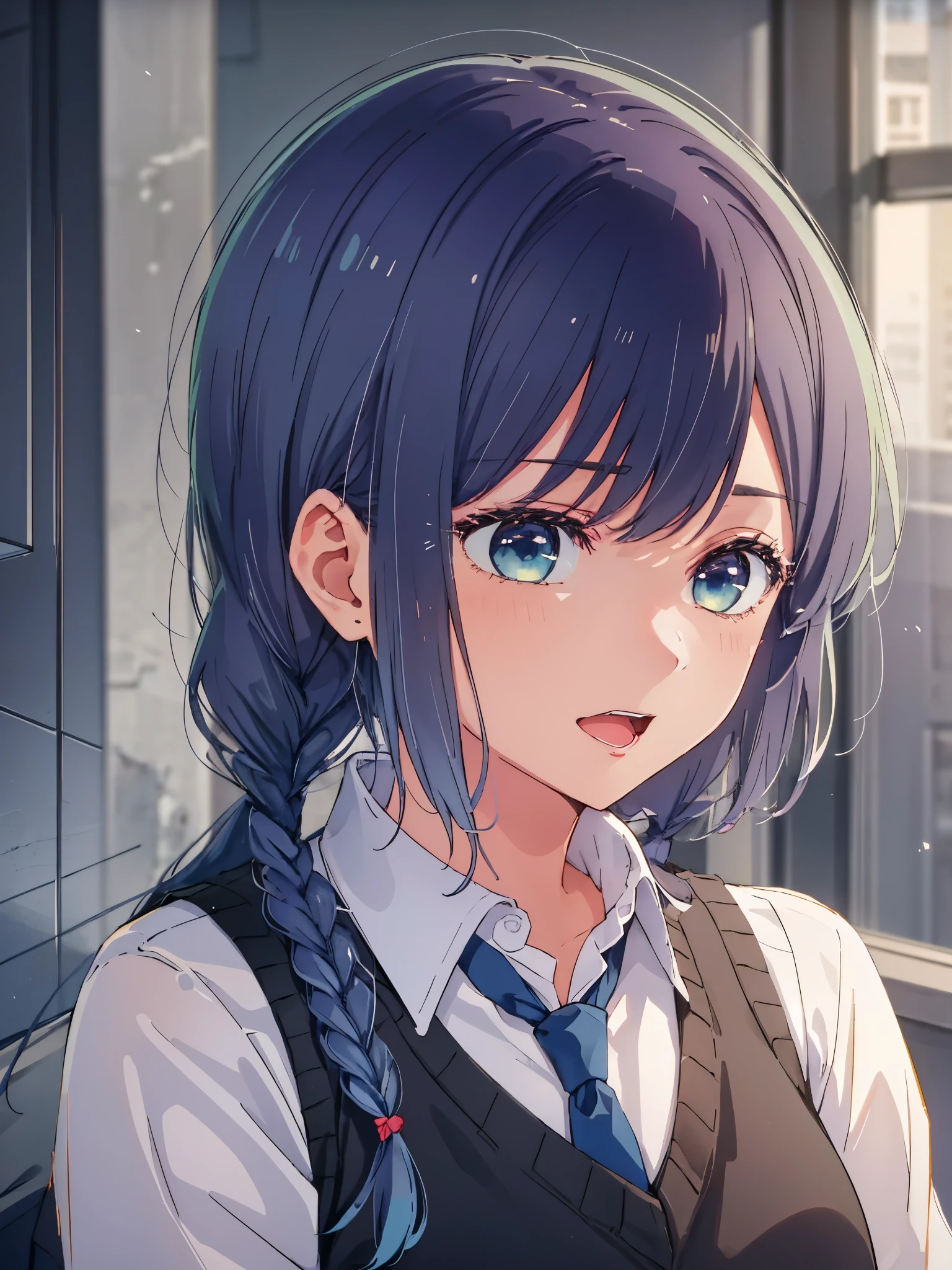 beautiful lighting, 1 girl, alone, Akane, white shirt, sweater vest, black vest, blue tie, ((anime style))、((2D))、laughter、open your mouth、(((Short braids)))