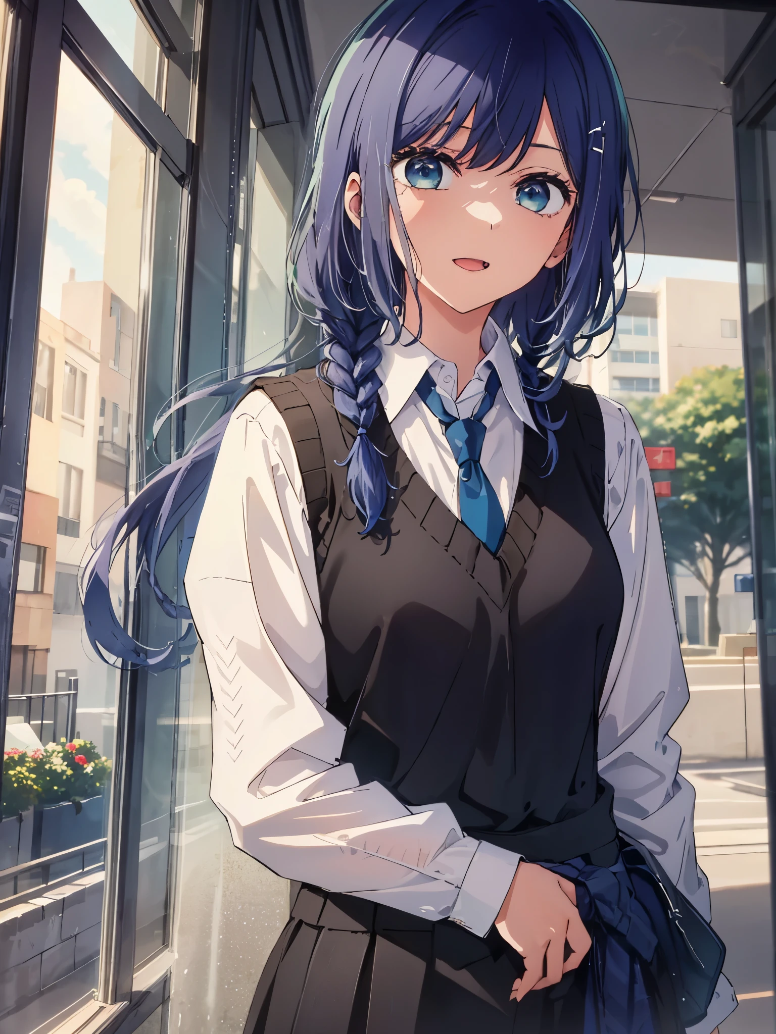 beautiful lighting, 1 girl, alone, Akane, white shirt, sweater vest, black vest, blue tie, ((anime style))、((2D))、laughter、open your mouth、(((long braid)))