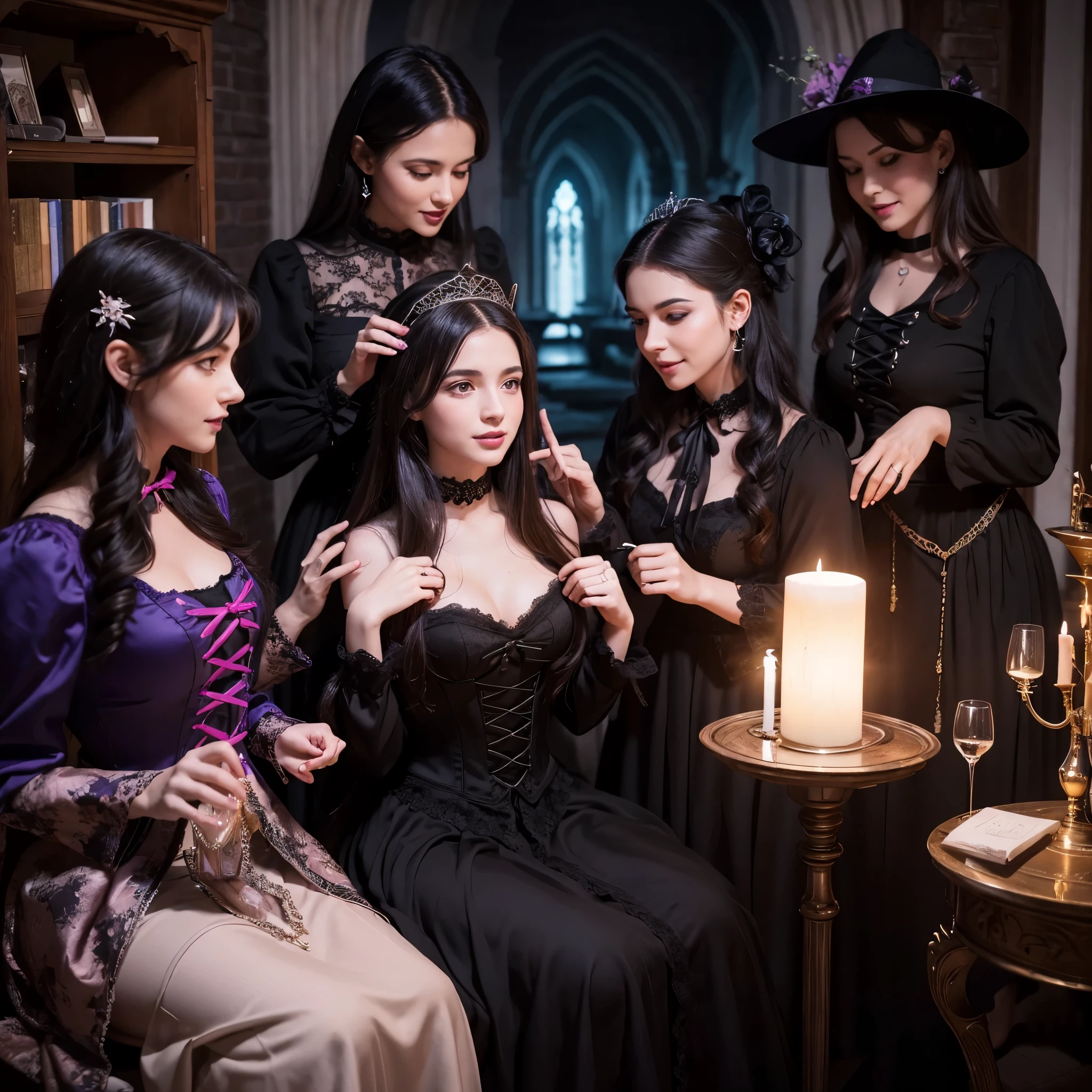 (best quality,4k,8k,highres,masterpiece:1.2),ultra-detailed,(realistic,photorealistic,photo-realistic:1.37), a teenage boy joins a witch coven and he’s given the gift of femininity, he gets magically transformed into a cute teenage witch girl, she embrace her new identity has a maiden of witchcraft and eager to learn magic, sex change ritual, pink eyes, long black hair, is happy, witches are helping dressing up the new girl, she’s happily getting dressed in a stunning black victorian dress, gorgeous dress design,flowing gown,elaborate lace details,rich textures,contrast stitching,delicate ribbon bows,floral accents,full skirt,high neckline,long sleeves,fitted waistline,flared cuffs,lace-up back,luxurious fabrics,flawless silhouette,high heels,pointy hat, magical transformation, detailed facial features, glowing and vibrant pink eyes, flowing and glossy long black hair, happy and excited expression, joyful and radiant vibe, surrounded by a mystical aura, spell books and potions in the background, inside an abandoned castle, moonlit night with a full moon shining above, soft and ethereal lighting, a group of friendly witches welcoming the new girl into the coven, joyful celebration, witches assisting in dressing up the new girl,promptly helps the new girl getting dressed in a stunning black Victorian dress, feminine and elegant movements, a cauldron overflowing with sparkles and magical essence, black and purple hues dominating the color palette, whimsical and enchanting atmosphere, breathtaking and bewitching nature, a sense of empowerment and self-discovery.