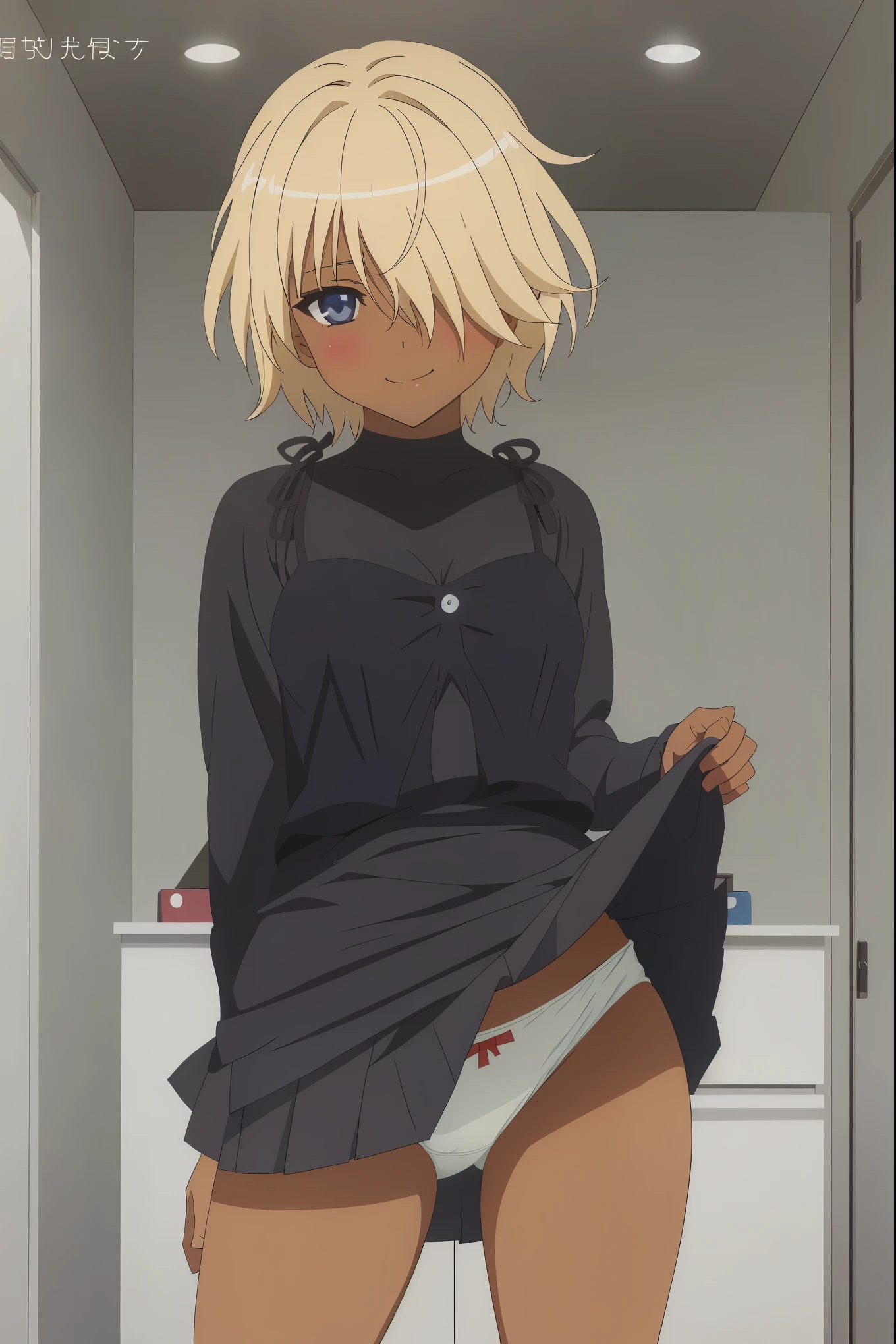 NSFW,1girl in,standing,Looking at Viewer,hedyeh_lvsb, blonde hair,black dress, hair over eyes, dark skin, blue eyes,Perfect Lighting,,(strong light),((brighten the subject)),oily skin,cury:1.2,1girl in,, up skirt,Best Quality,Skirt lift,Smile,blush,megami magazine,anime screen cap,Flat color,cel shading,(tucking up the skirt),(white Panties),short torso,Show panties,pantyshot,up skirt,classroom