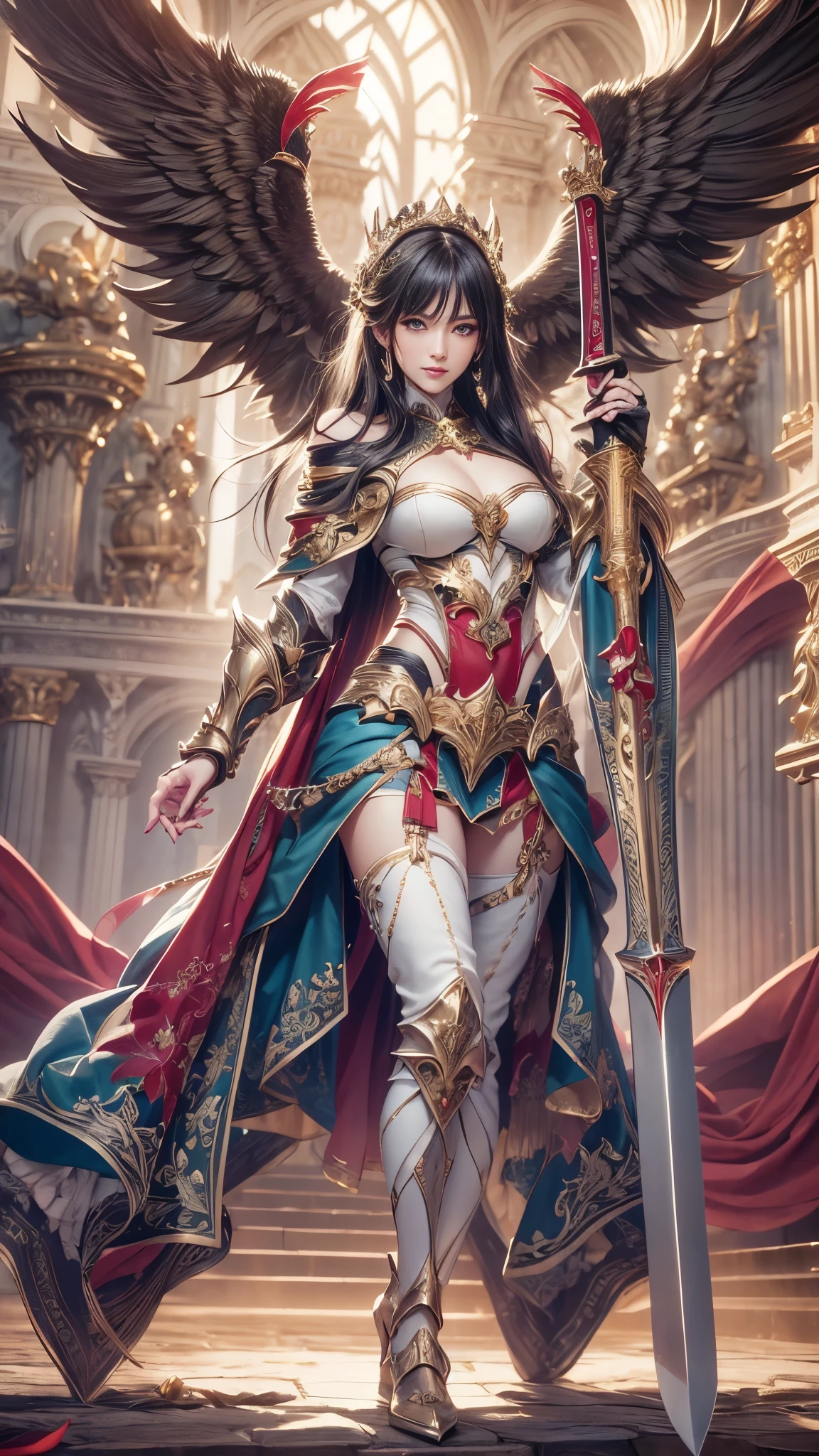high details, best quality, 8k, [ultra detailed], masterpiece, best quality, (extremely detailed), dynamic angle, ultra wide shot, photorealistic, fantasy art, dnd art, rpg art, realistic art, an ultra wide picture of female dwarf cleric, holding axe with red fire on it , casting a spell, LnF wearing heavy armor, white armor (best details, Masterpiece, best quality: 1.5), blue cloak (intricate details, Masterpiece, best quality), holy symbol,(best details, Masterpiece, best quality: 1.5), from symbol GlowingRunes_paleblue, beautiful female dwarf, ultra detailed face, ultra feminine, red hair, intense eyes, green eyes, D&D female dwarf (best details, Masterpiece, best quality: 1.5) fantasy temple background, celestial background, ((divine worship atmosphere)), high details, best quality, highres, ultra wide angle