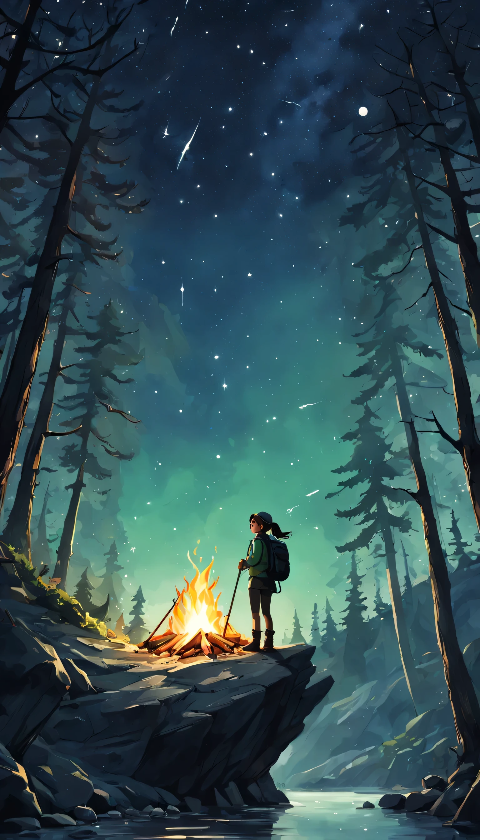 Masterpiece, Best Quality, Ultra Detailed, Illustration, 1girl, Solo, Outdoor, Camping, Night, Mountains, Nature, Stars, Moon, Campfire, Tent, Double Ponytail, Green Eyes, Cheerful, Happy, Backpack, Sleeping Bag, Camping Stove, Water Bottle, Hiking Boots, Gloves, Sweater, Hat, Flashlight, Forest, Rock, River, Wood, Smoke, Shadow, Contrast, Clear Sky, Constellation, Milky Way, Peace, Calm, Quiet, Serenity, Distant, Secluded, Adventure, Exploration, avoidance, independence, survival, resourcefulness, challenge, perseverance, endurance, endurance, observation, intuition, adaptability, creativity, imagination, artistry, inspiration, beauty, awe, wonder, gratitude, appreciation, relaxation, enjoyment, rejuvenation, mindfulness, awareness, connection, harmony, balance, texture, detail, realism, depth, perspective, composition, color, light, shadow, reflection, refraction, hue, contrast, foreground, middle ground, background, naturalism, figurative, Figurative, impressionist, expressionist, abstract, innovative, experimental, unique