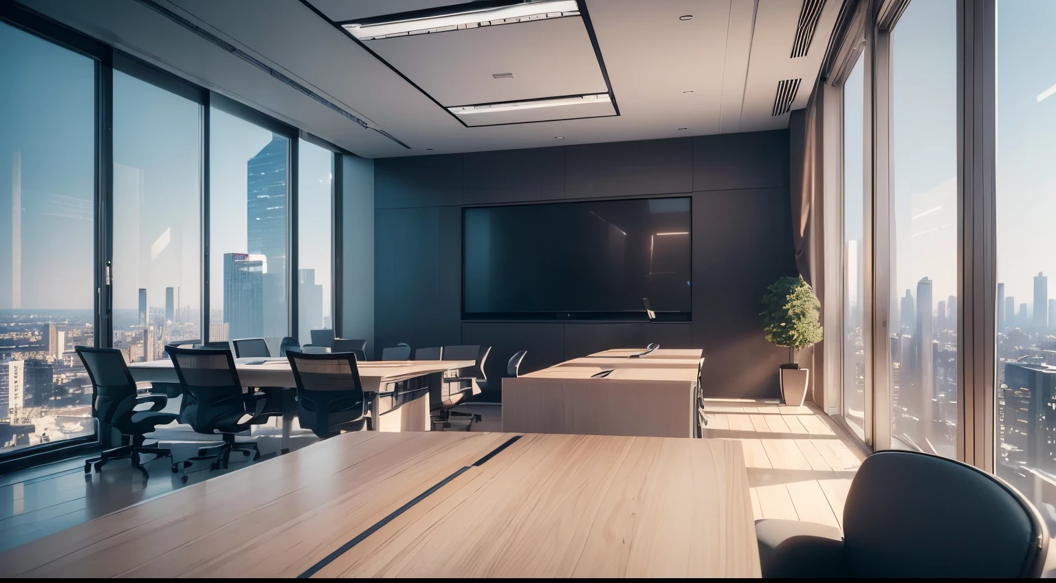 (8K, realistic, RAW photo, highest quality,Depth of the bounds written: 1.4),realistic,Photoreal,very delicate and beautiful,very detailed,finely,super detailed,High resolution、smart (high floor office) laptop on business desk Business Chair Buildings outside the large glass windows Nobody is here、