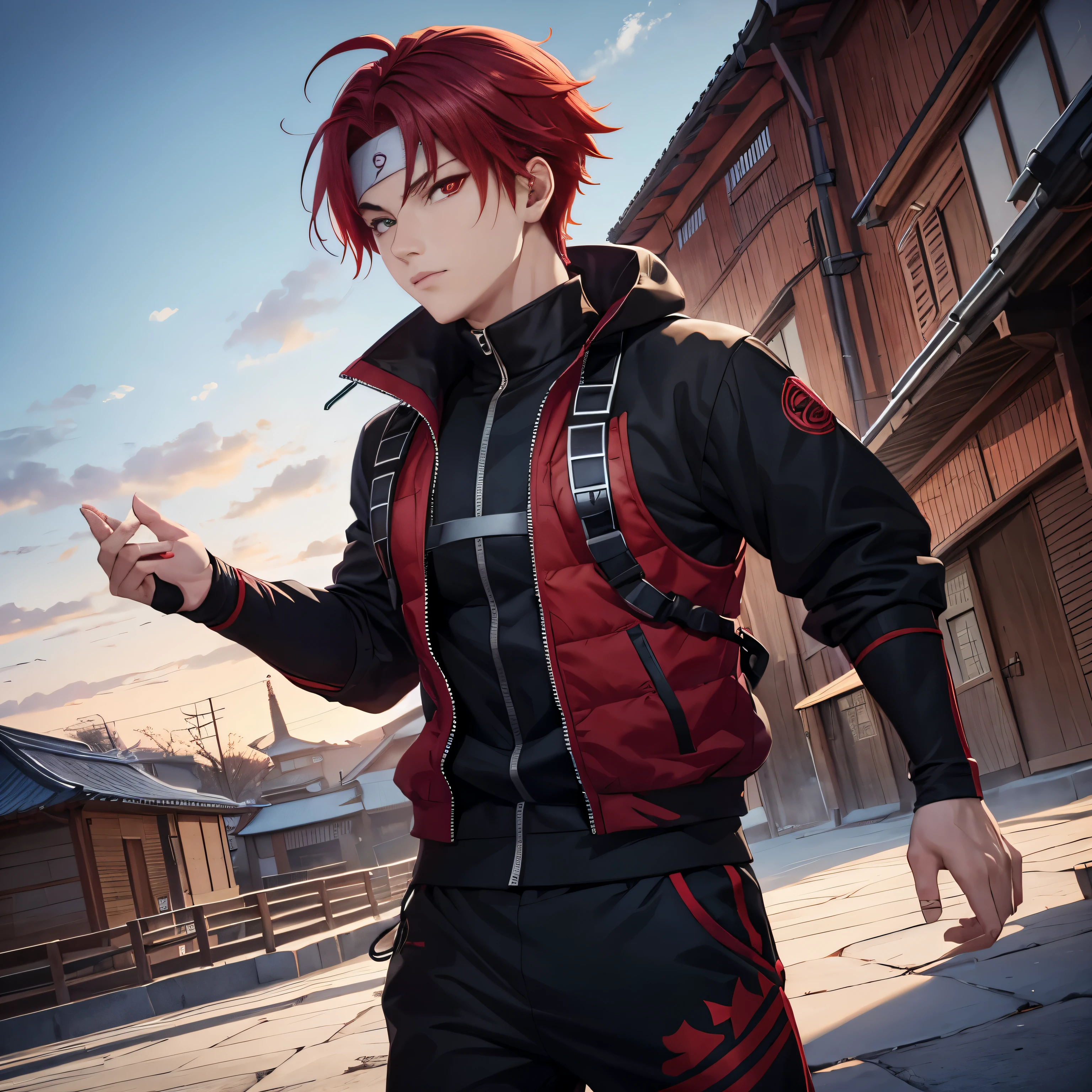 Young shinobi with red hair., red eyes with a black pattern of three tomoe on the iris, Dressed in a blue tracksuit, over which he wears a green bulletproof vest, village in the background