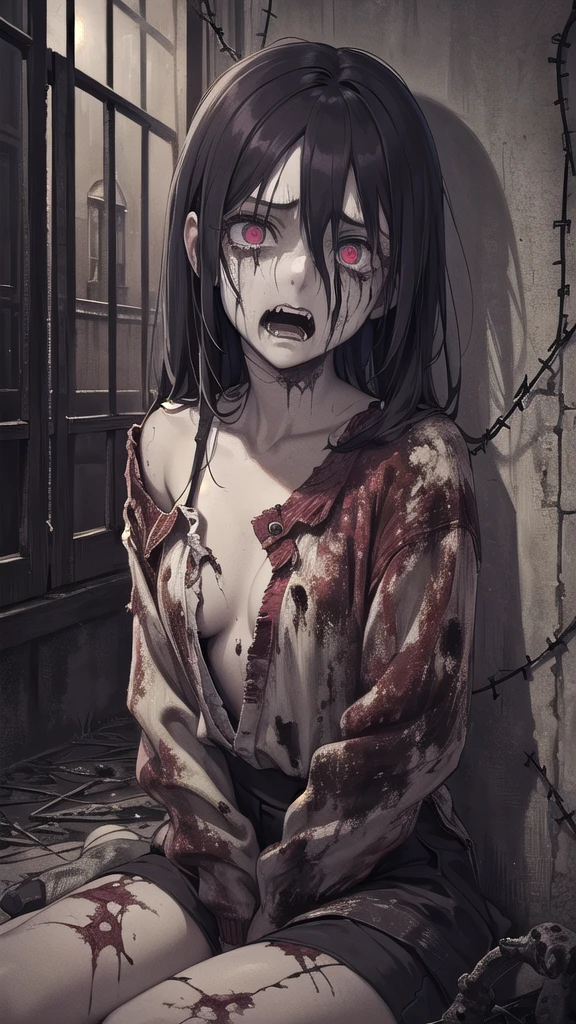 (a girl sitting,extremely painfull screaming,zombie scretch),oil painting,spooky atmosphere,creepy shadows,vivid colors,realistic facial details,teary eyes,disheveled hair,rotting flesh,deserted setting,nighttime,sinister expression,barbed wire,mist,horror theme