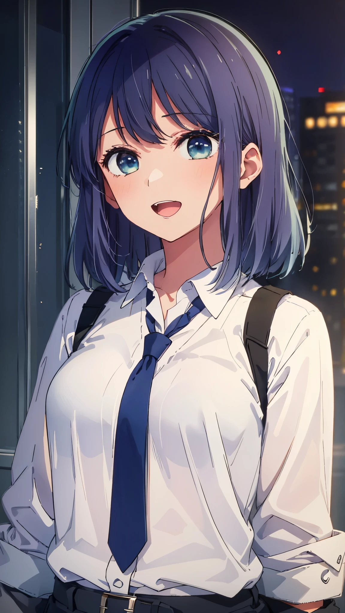 beautiful lighting, 1 girl, alone, Akane, white shirt, sweater vest, black vest, blue tie, ((anime style))、((2D))、laughter、open your mouth、(((semi-long)))