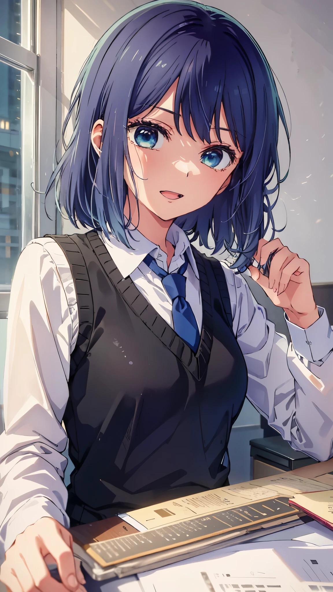 beautiful lighting, 1 girl, alone, Akane, white shirt, sweater vest, black vest, blue tie, ((anime style))、((2D))、laughter、open your mouth、(((semi-long)))