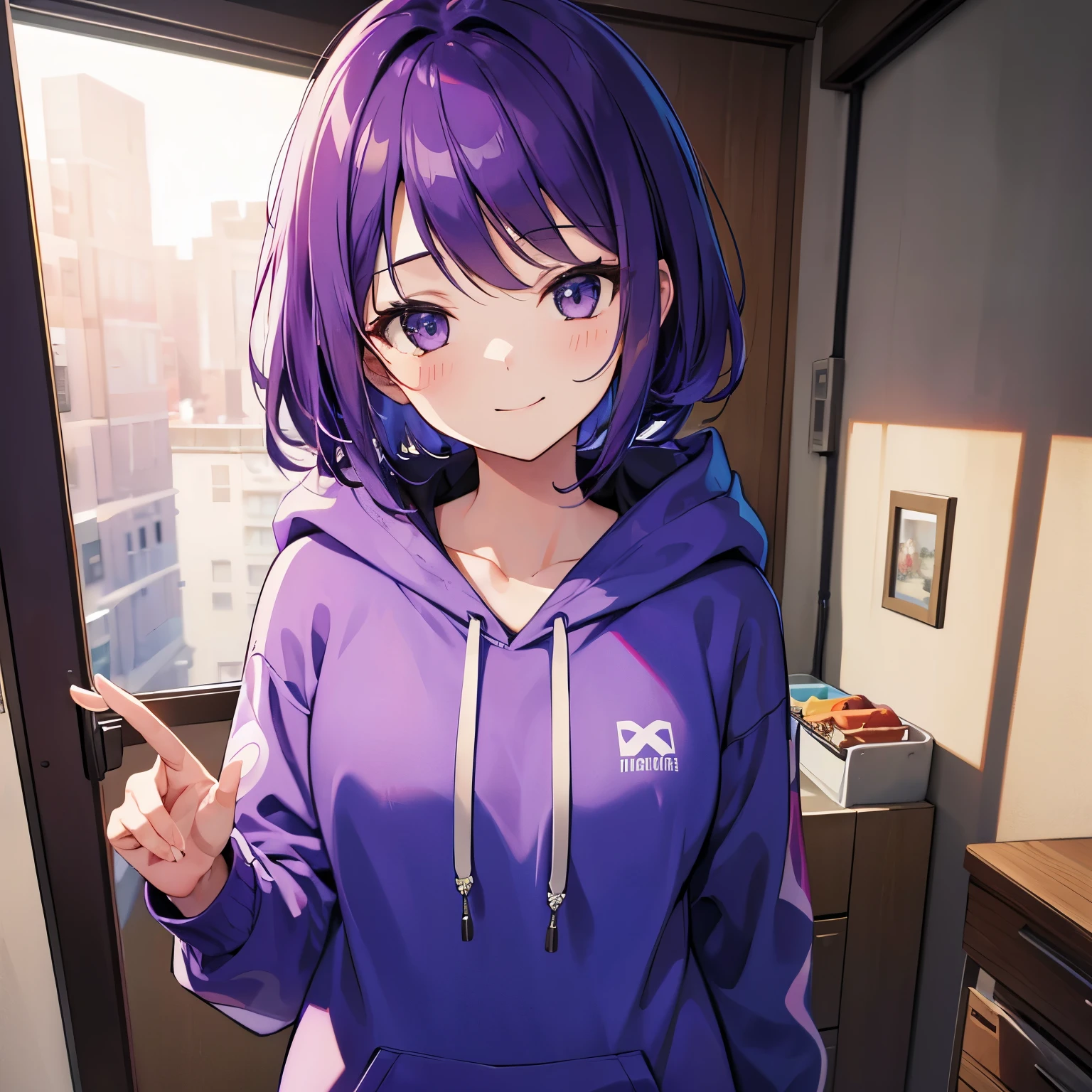 (T Masterpiece，4k wallpaper，best quality))、((girl１people))、(solo)、Shining and vivid，(purple hair)、(shortcut:1.3)、smile、Bedroom、hoodie、morning