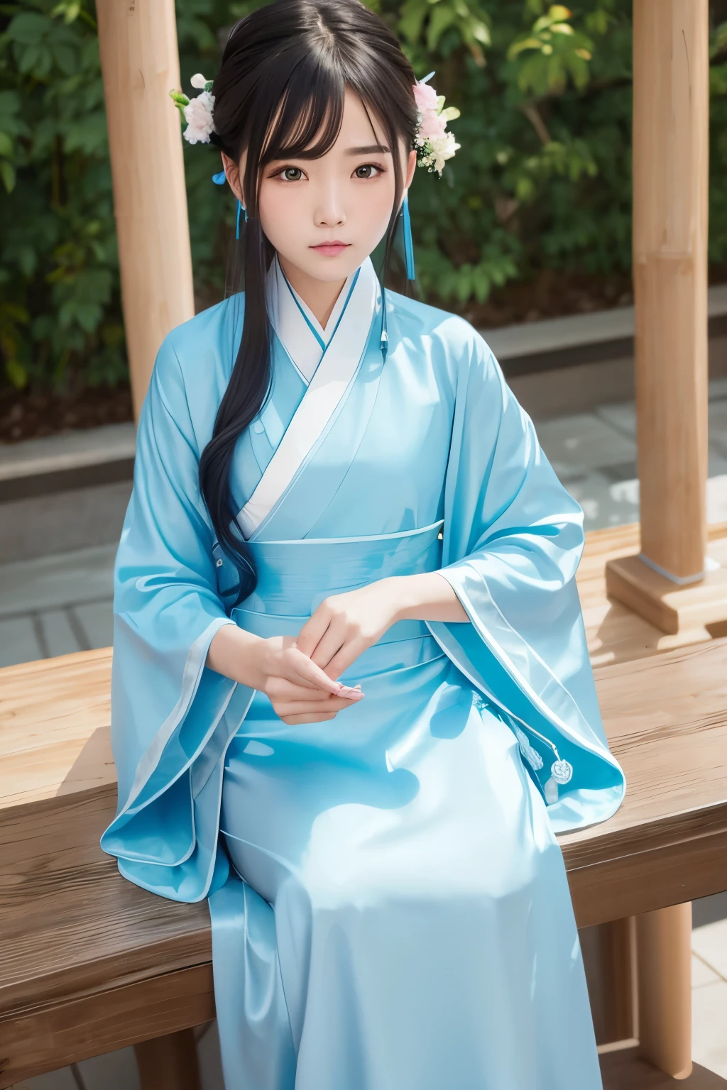 Aqua blue hanfu,hairpin beauty,thin,Bamboo slips