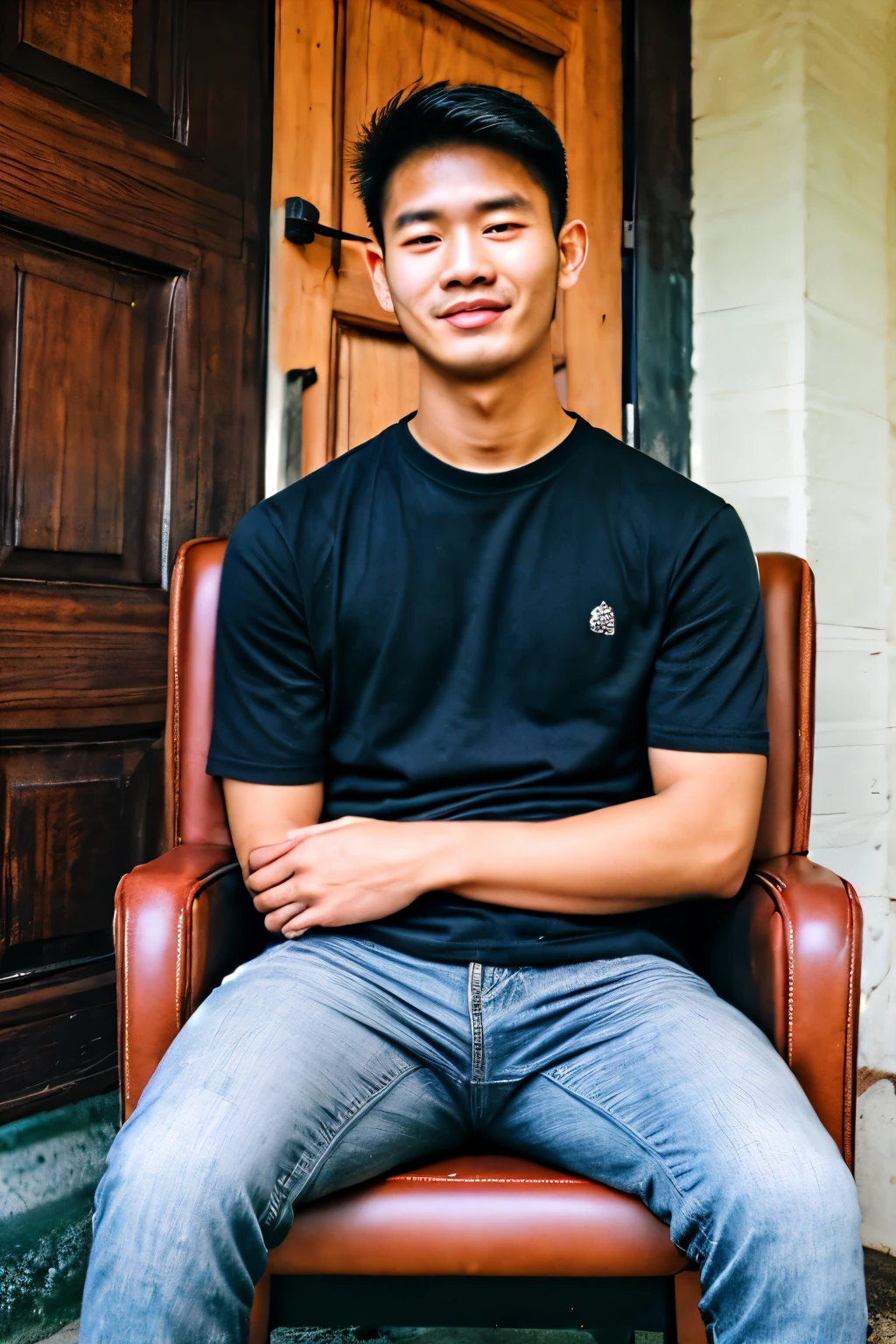 realistic photo , Thai man, 20 years old, sitting in a leather chair
