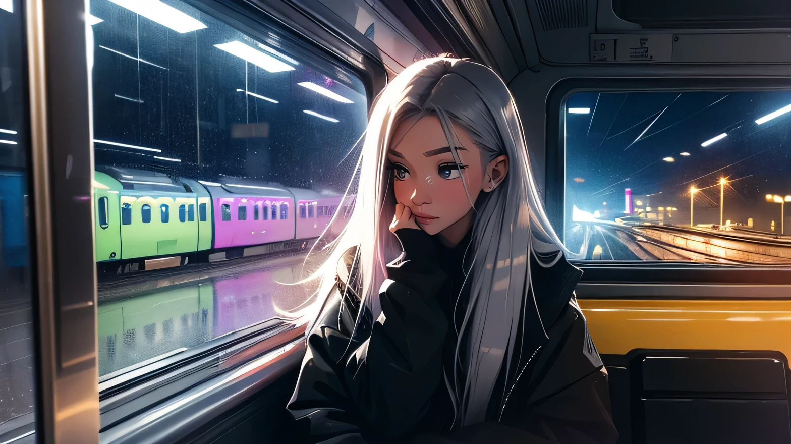 train, Sit by the window, take a pensive posture, Dark interior, My head got stuck in the glass, Scenery passing by at high speed, night trip, rainy night sky, Beautiful girl, UHD Portraits, (high quality) (ultra detail) Observation of a viewer wearing hip-hop style street clothes; different, fancy, long colored silver hair 🌈