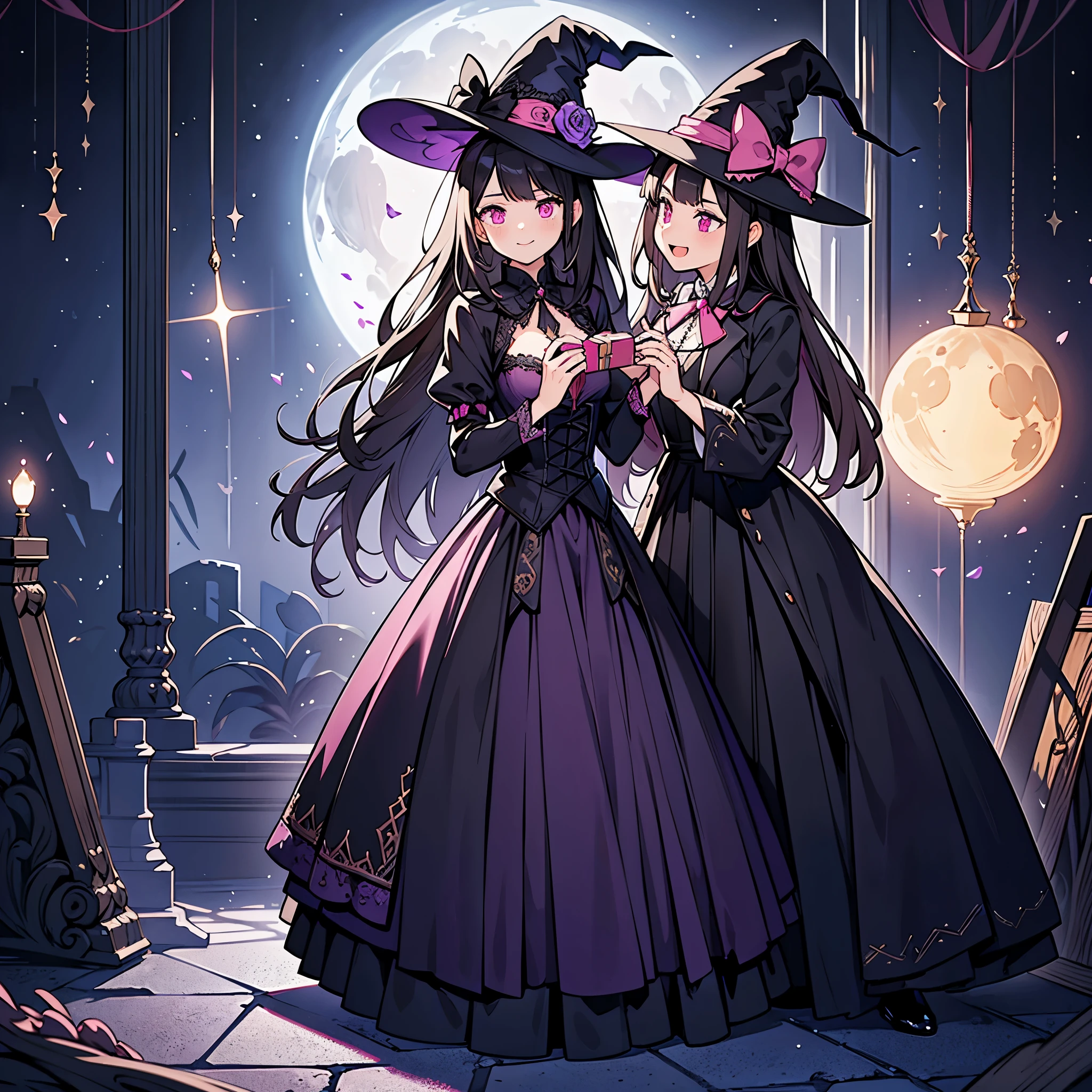 (best quality,4k,8k,highres,masterpiece:1.2),ultra-detailed,(realistic,photorealistic,photo-realistic:1.37), a teenage boy joins a witch coven and he’s given the gift of femininity, he gets magically transformed into a cute teenage witch girl, she embrace her new identity has a maiden of witchcraft and eager to learn magic, sex change ritual, pink eyes, long black hair, is happy, witches are helping dressing up the new girl, she’s happily getting dressed in a stunning black victorian dress, gorgeous dress design,flowing gown,elaborate lace details,rich textures,contrast stitching,delicate ribbon bows,floral accents,full skirt,high neckline,long sleeves,fitted waistline,flared cuffs,lace-up back,luxurious fabrics,flawless silhouette,high heels,pointy hat, magical transformation, detailed facial features, glowing and vibrant pink eyes, flowing and glossy long black hair, happy and excited expression, joyful and radiant vibe, surrounded by a mystical aura, spell books and potions in the background, inside an abandoned castle, moonlit night with a full moon shining above, soft and ethereal lighting, a group of friendly witches welcoming the new girl into the coven, joyful celebration, witches assisting in dressing up the new girl,promptly helps the new girl getting dressed in a stunning black Victorian dress, feminine and elegant movements, a cauldron overflowing with sparkles and magical essence, black and purple hues dominating the color palette, whimsical and enchanting atmosphere, breathtaking and bewitching nature, a sense of empowerment and self-discovery.