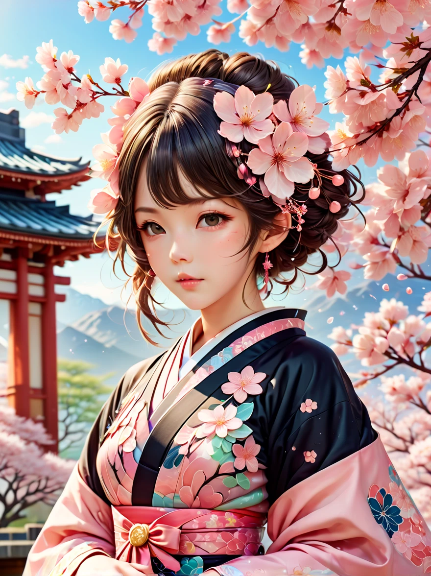Sakura Maiden，Sakura petals fell gently around her。She has flowing cherry blossom hair，Quiet and sweet expression，(Wearing a dress with a cherry blossom pattern, black socks，Lolita costume，crystal shoes)，pastel color palette，The ethereal beauty of blooming cherry blossoms。Rich details，Intricate patterns that accentuate the kimono、The delicate texture of the petals and the subtle emotions conveyed by the expression of the Sakura girl，(cowboy shot, UHD, masterpiece, ccurate, anatomically correct, textured skin, super detail, high details, high quality, 8k)