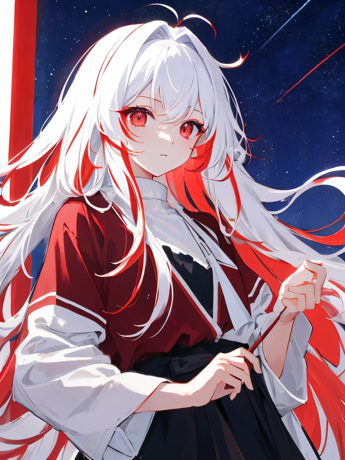 need, exquisite details, color difference, 1 girl, white long hair, brunette colored hair, messy hair, red highlights, red eyes, sharp keen eyes, neon shirt, dream-like scene,sky city,beautiful starry sky
