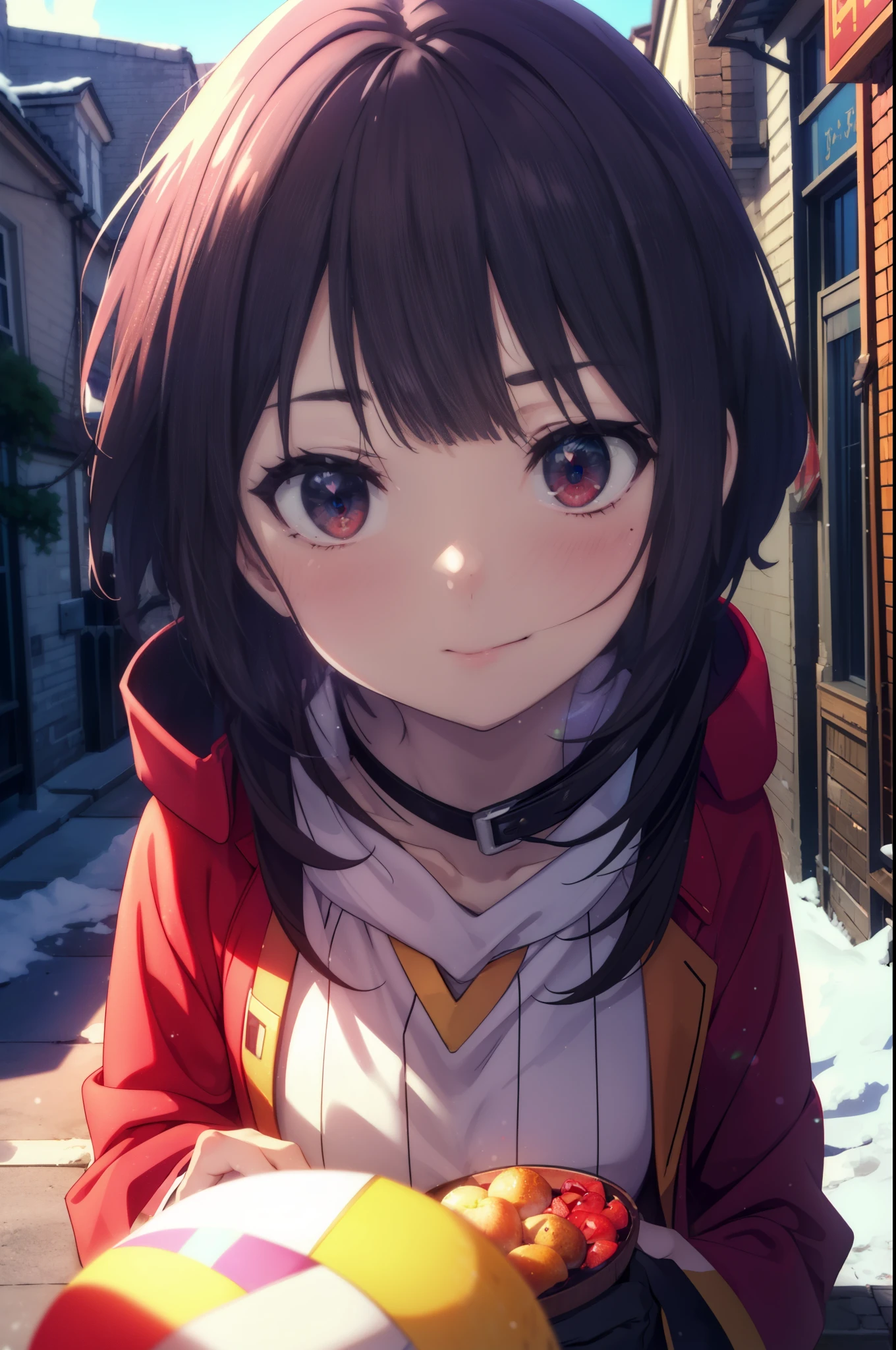 konosubaMegumin, Megumin, short hair, black hair, (red eyes:1.3), short hair with long locks,smile,blush,red long coat　There is an open front,heart shaped necklace,white sweater,black muffler,long skirt,short boots,winter,cold sky,It&#39;s snowing,snow is falling,
break outdoor, In town,building street,
break looking at viewer, (cowboy shot:1.5),
break (masterpiece:1.2), highest quality, High resolution, unity 8k wallpaper, (figure:0.8), (detailed and beautiful eyes:1.6), highly detailed face, perfect lighting, Very detailed CG, (perfect hands, perfect anatomy),