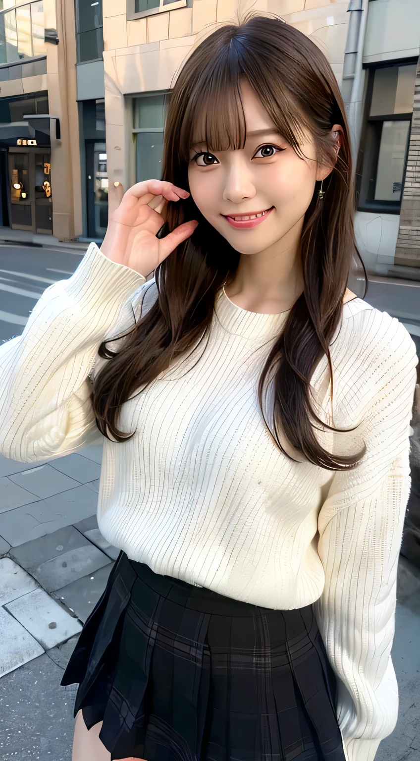 (realistic、Photoreal:1.37)、(8k、RAW photo、highest quality、masterpiece:1.2)、cute、Super detailed、heart shaped eyes、Physically based rendering、超A high resolution、kodak vision color、Arricam LTカメラで撮影、Bokeh、sharp focus、((high school uniform)) looking at the viewer、Photoreal、realistic、alone、Photoreal、highest quality、highly detailed face、highly detailed eyes and face、beautiful and detailed eyes、unforgettable smile、hair is dirty、floating hair、、｟White knitted clothes｠、｟black and white checked miniskirt｠（The whole body is reflected）