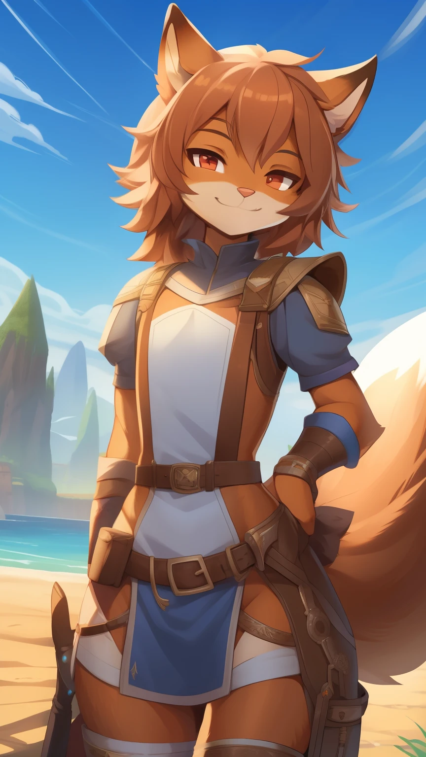 Best quality, Super detailed illustration, (fluffy squirrel boy:1.4) , feminine face and body, disheveled thick hair, Adventurer Equipment,  smug smile, Half-closed eyes , Femboy, small waist, wide hips, Slim, Perfect body, DND style