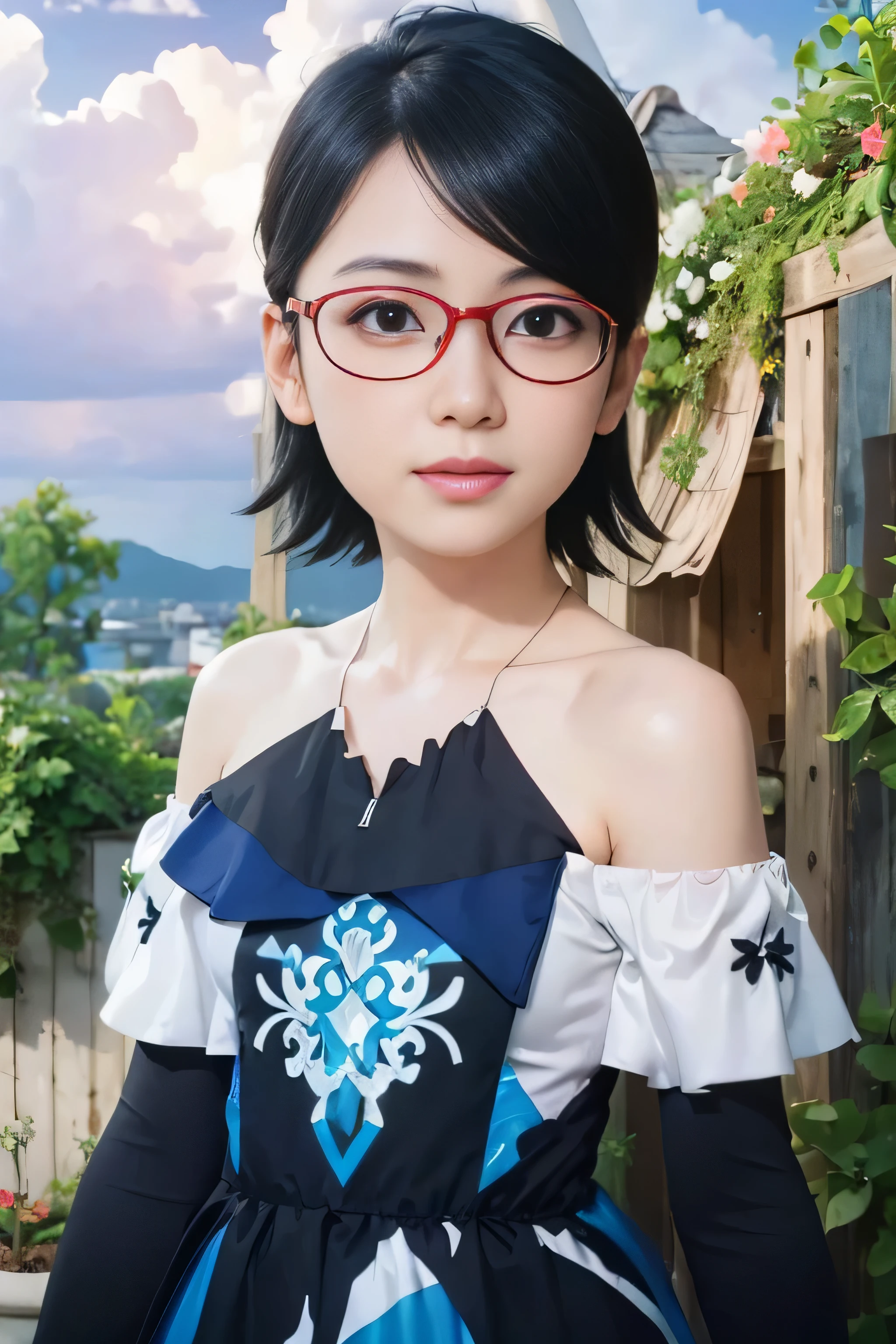 masterpiece, best quality, (realistic,photo-realistic:1.4), (RAW photo:1.2), extremely detailed CG unity 8k wallpaper, delicate and beautiful, amazing,finely detail, official art, absurdres, incredibly absurdres, huge filesize, ultra-detailed,extremely detailed eyes and face,light on face,sarada,(little smile),(black hair:1.4),(short hair:1.6),(wearing wedding dress :1.5),(roof top:1.5),mist,(wearing red framed glasses:1.4),garden,(small breast:1.3),(off shoulders :1.4) 